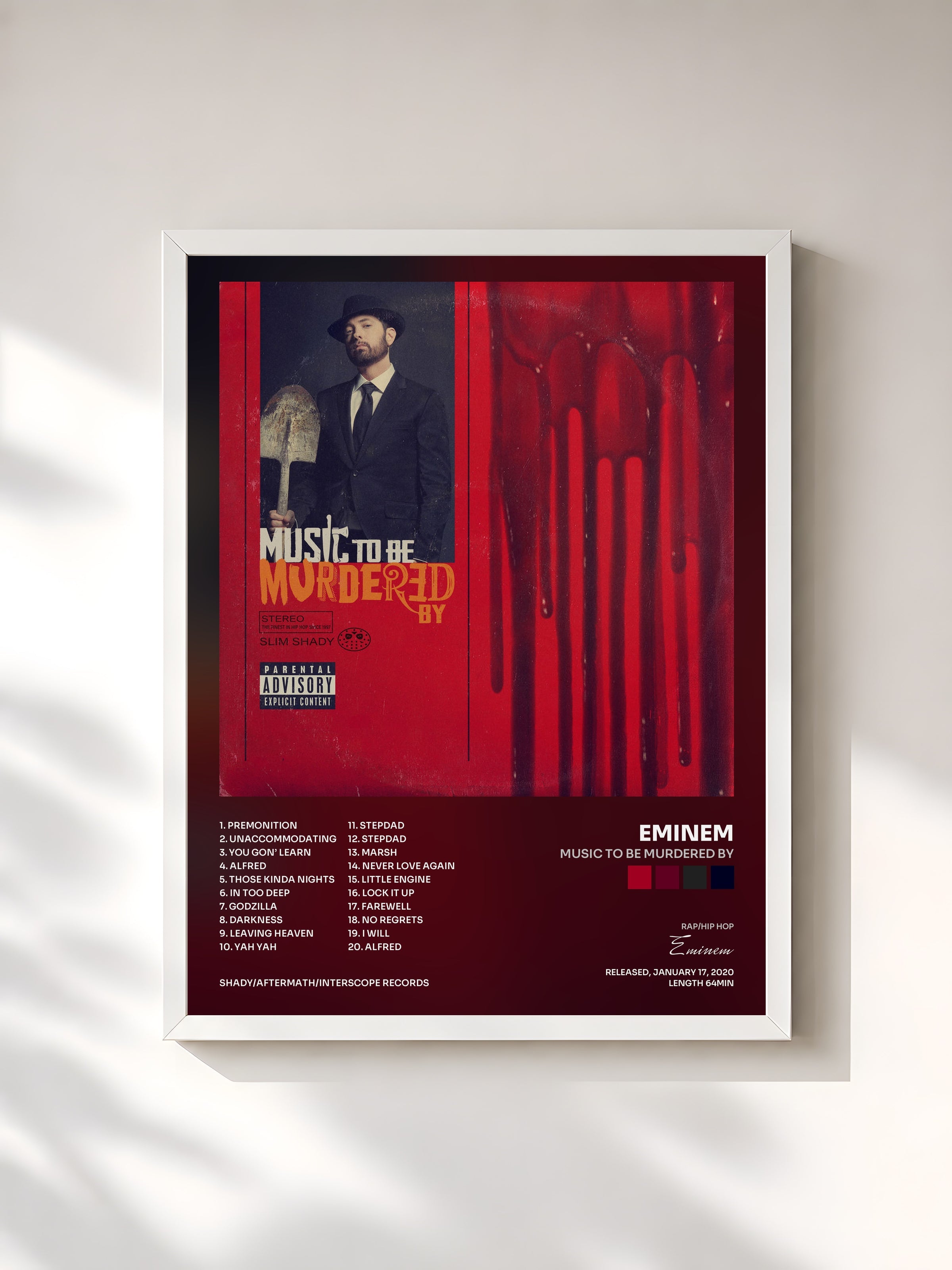 #blanc Tableau de l'album Music To Be Murdered By de Eminem, cadre blanc, imprimé et encadré en France