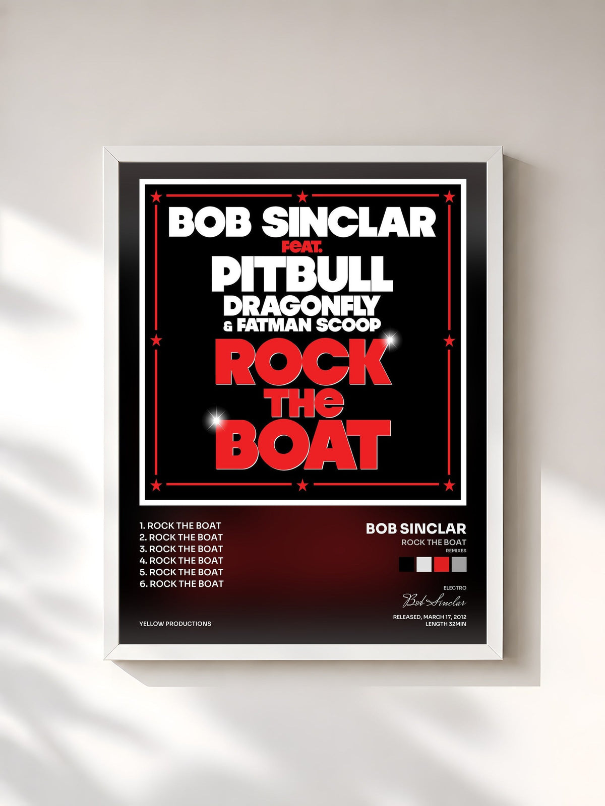 #blanc Tableau de l'album Rock the Boat (Remixes) de Bob Sinclar, cadre blanc, imprimé et encadré en France