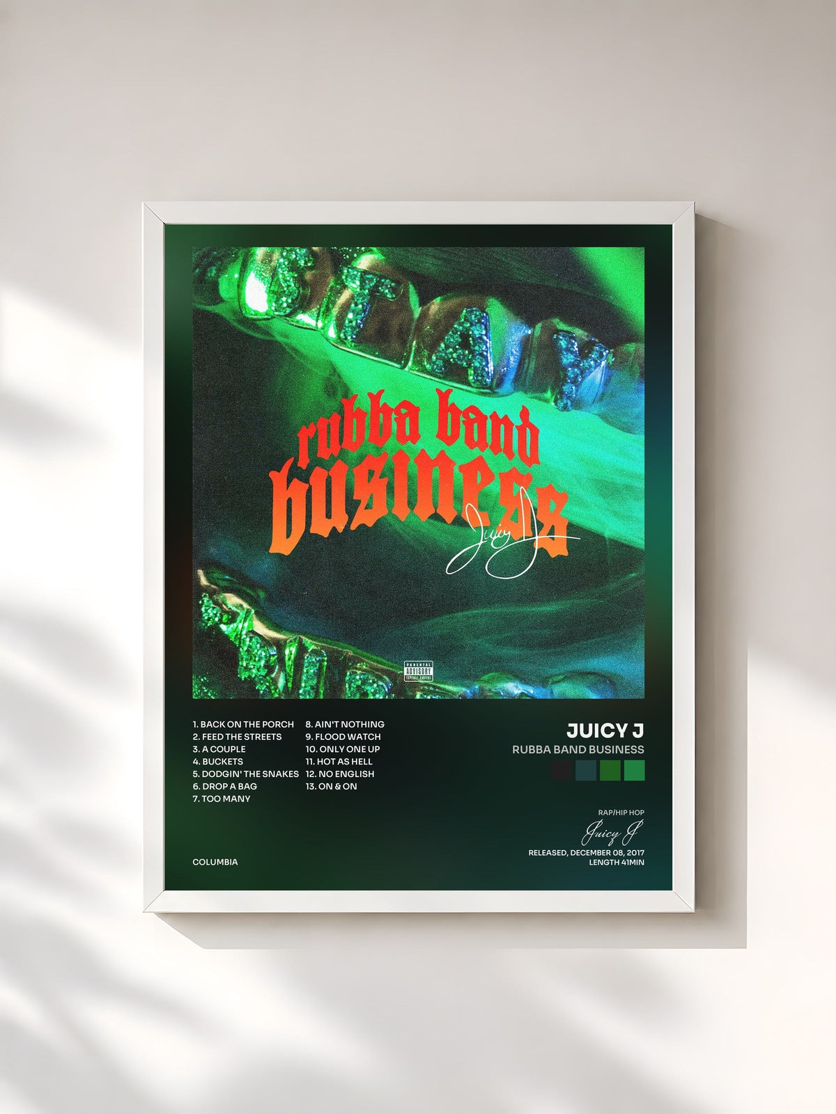 #blanc Tableau de l'album Rubba Band Business de Juicy J, cadre blanc, imprimé et encadré en France