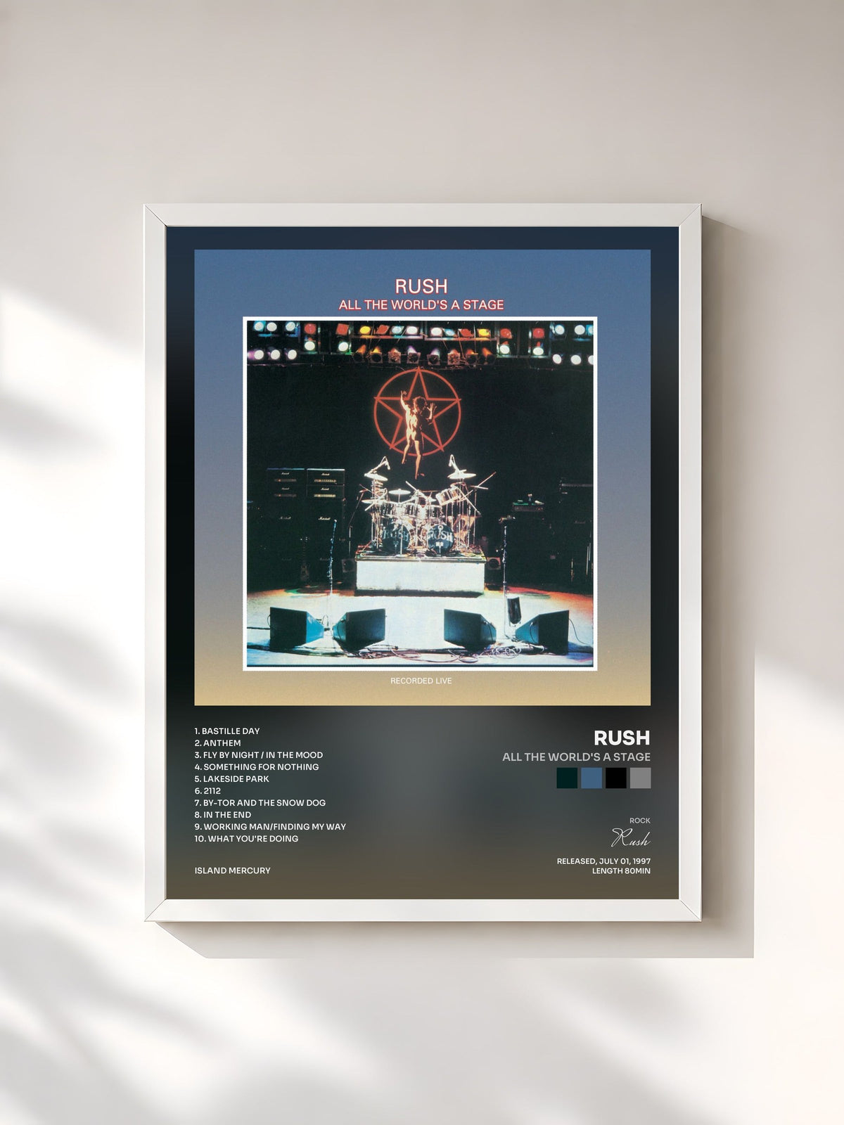 #blanc Tableau de l'album All The World's A Stage de Rush, cadre blanc, imprimé et encadré en France