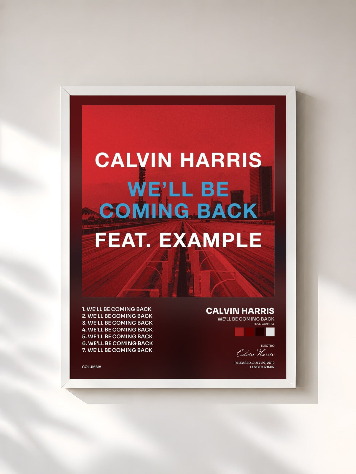 #blanc Tableau de l'album We'll Be Coming Back (feat. Example) de Calvin Harris, cadre blanc, imprimé et encadré en France