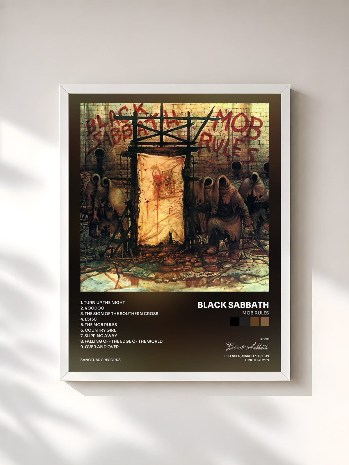 #blanc Tableau de l'album Mob Rules de Black Sabbath, cadre blanc, imprimé et encadré en France