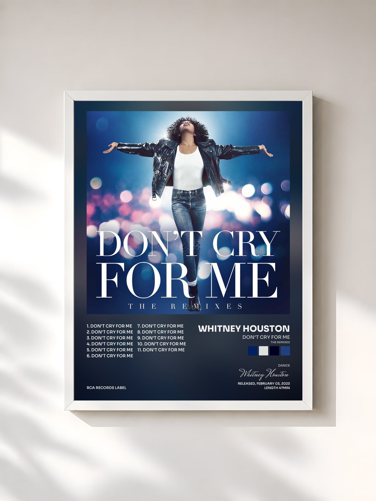 #blanc Tableau de l'album Don't Cry For Me (The Remixes) de Whitney Houston, cadre blanc, imprimé et encadré en France