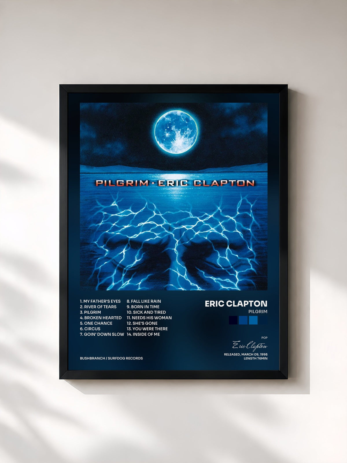 #noir Tableau de l'album Pilgrim de Eric Clapton, cadre noir, imprimé et encadré en France