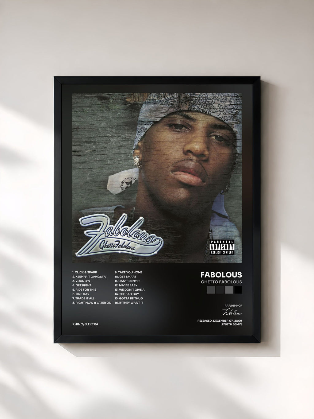 #noir Tableau de l'album Ghetto Fabolous de Fabolous, cadre noir, imprimé et encadré en France