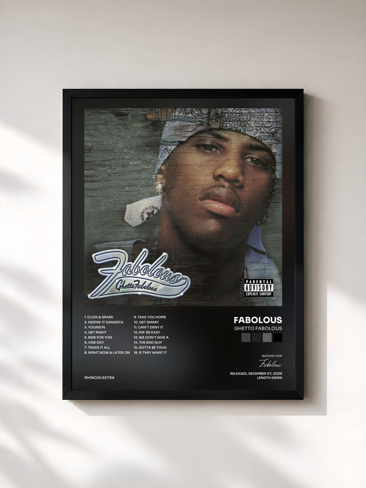 #noir Tableau de l'album Ghetto Fabolous de Fabolous, cadre noir, imprimé et encadré en France