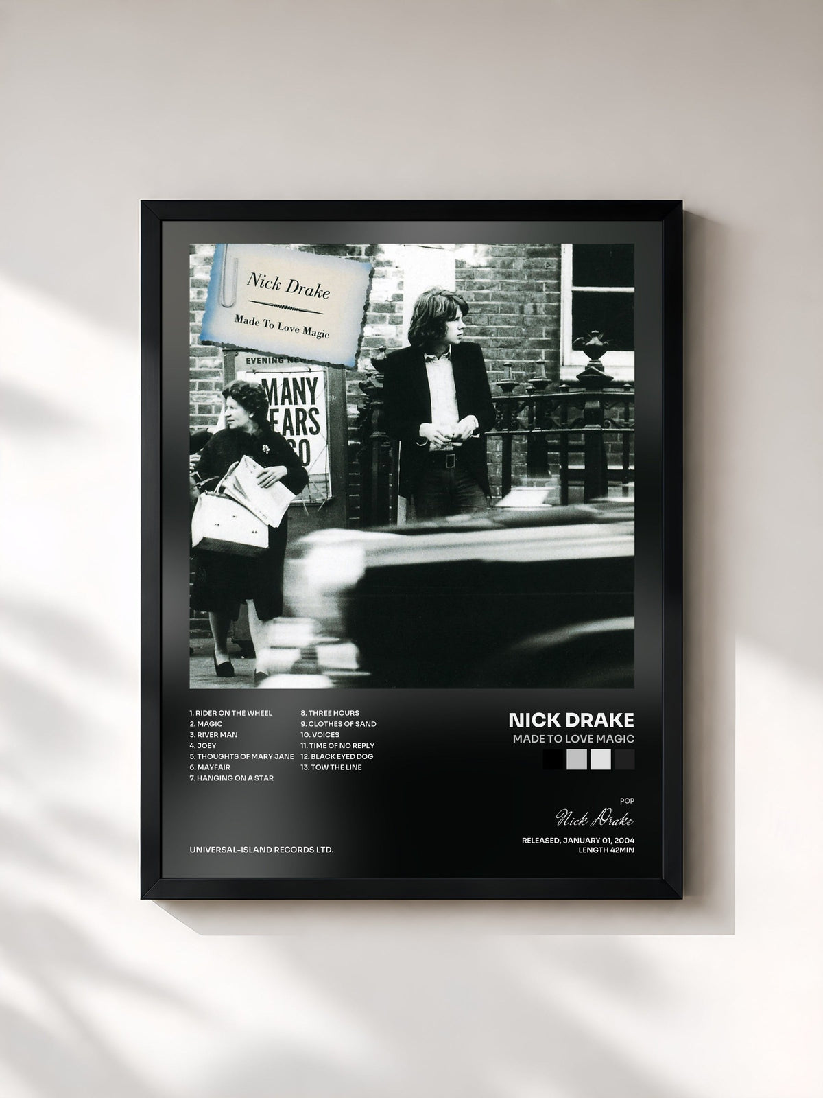 #noir Tableau de l'album Made To Love Magic de Nick Drake, cadre noir, imprimé et encadré en France