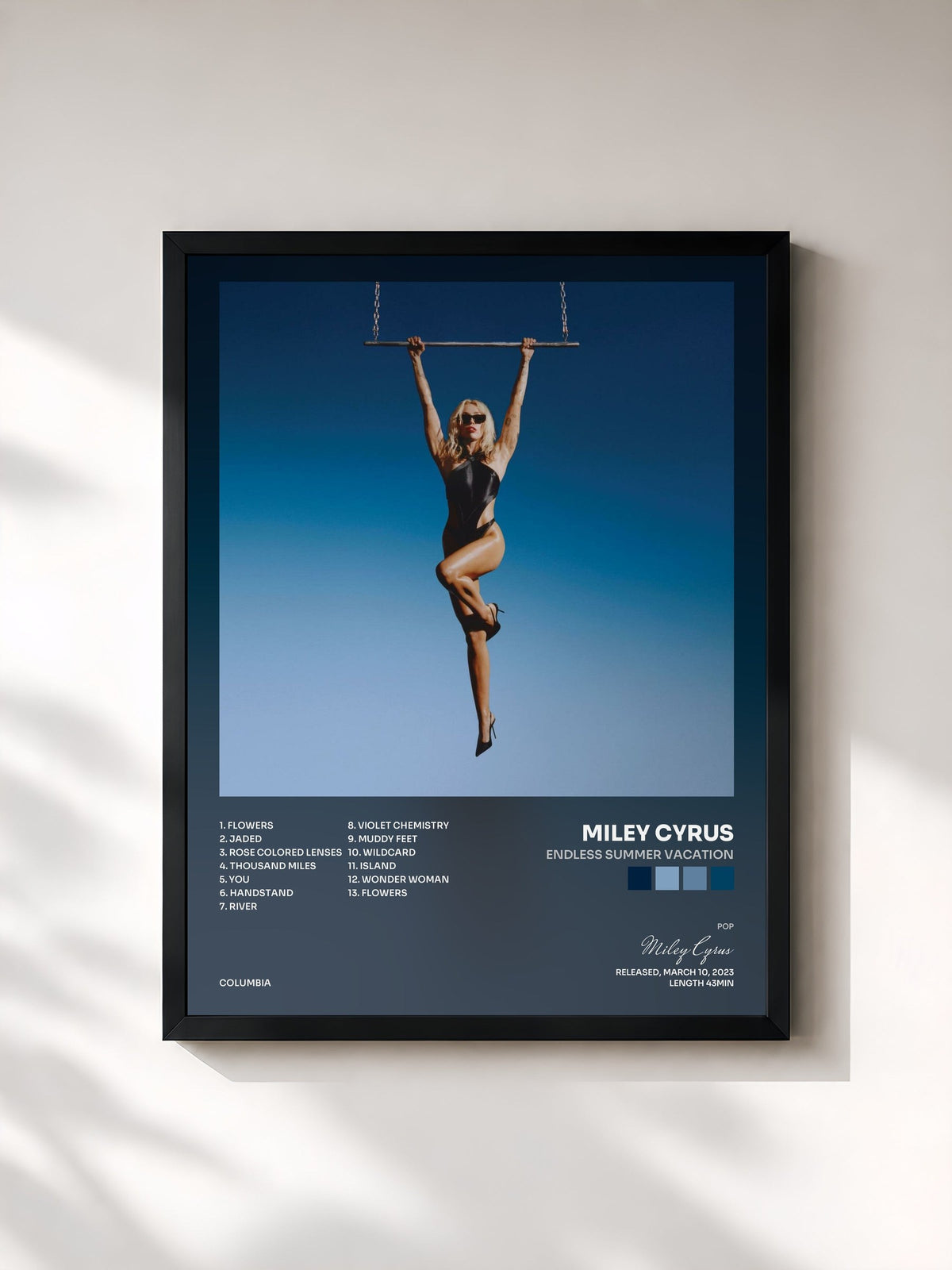#noir Tableau de l'album Endless Summer Vacation de Miley Cyrus, cadre noir, imprimé et encadré en France