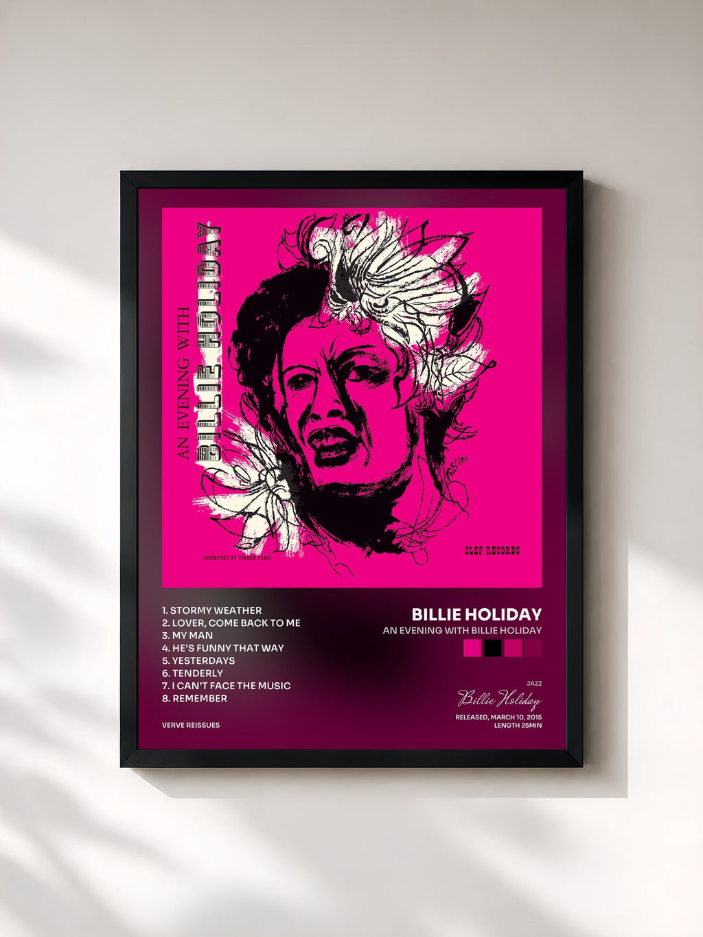 #noir Tableau de l'album An Evening With Billie Holiday de Billie Holiday, cadre noir, imprimé et encadré en France