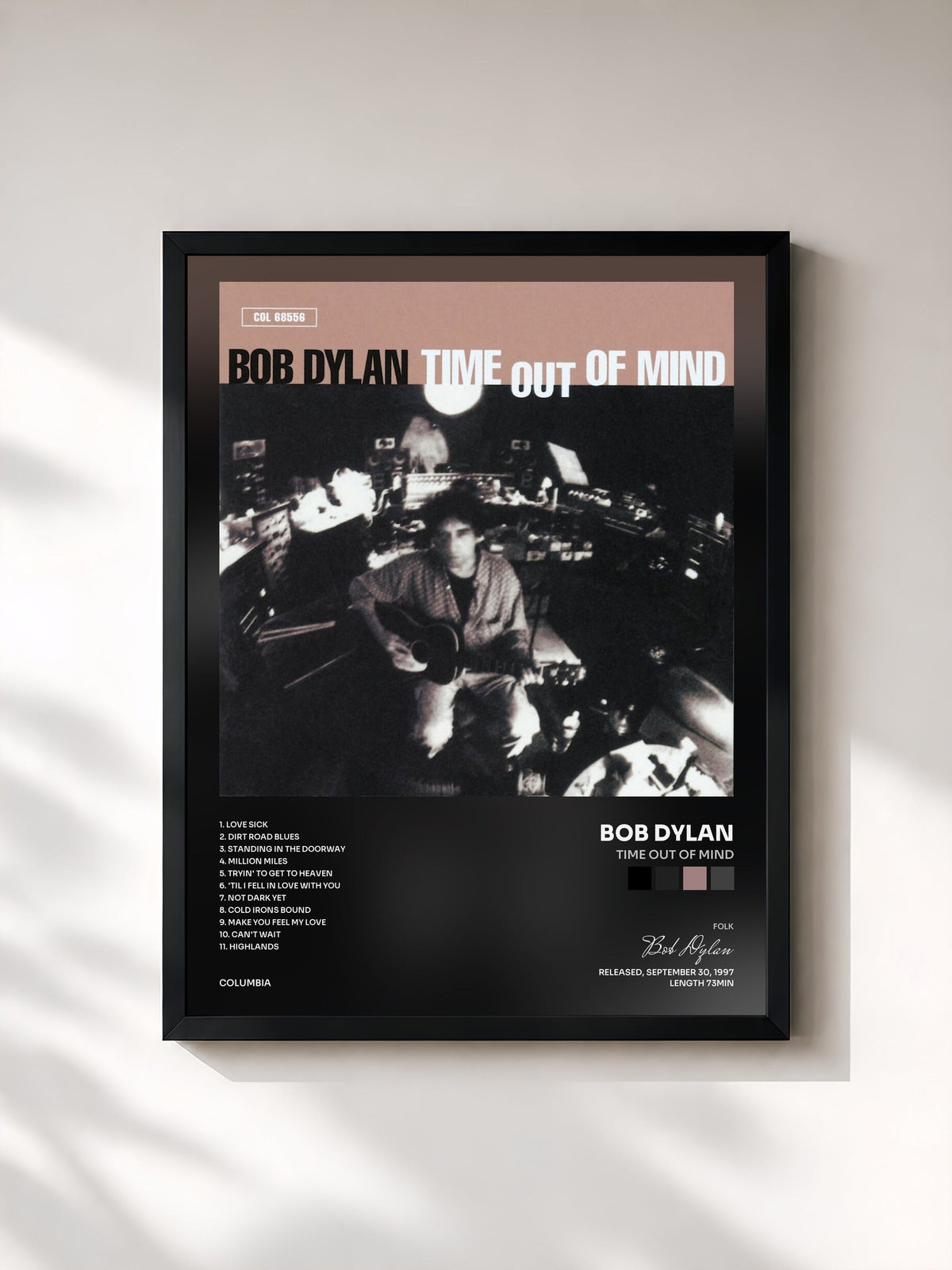 #noir Tableau de l'album Time Out Of Mind de Bob Dylan, cadre noir, imprimé et encadré en France