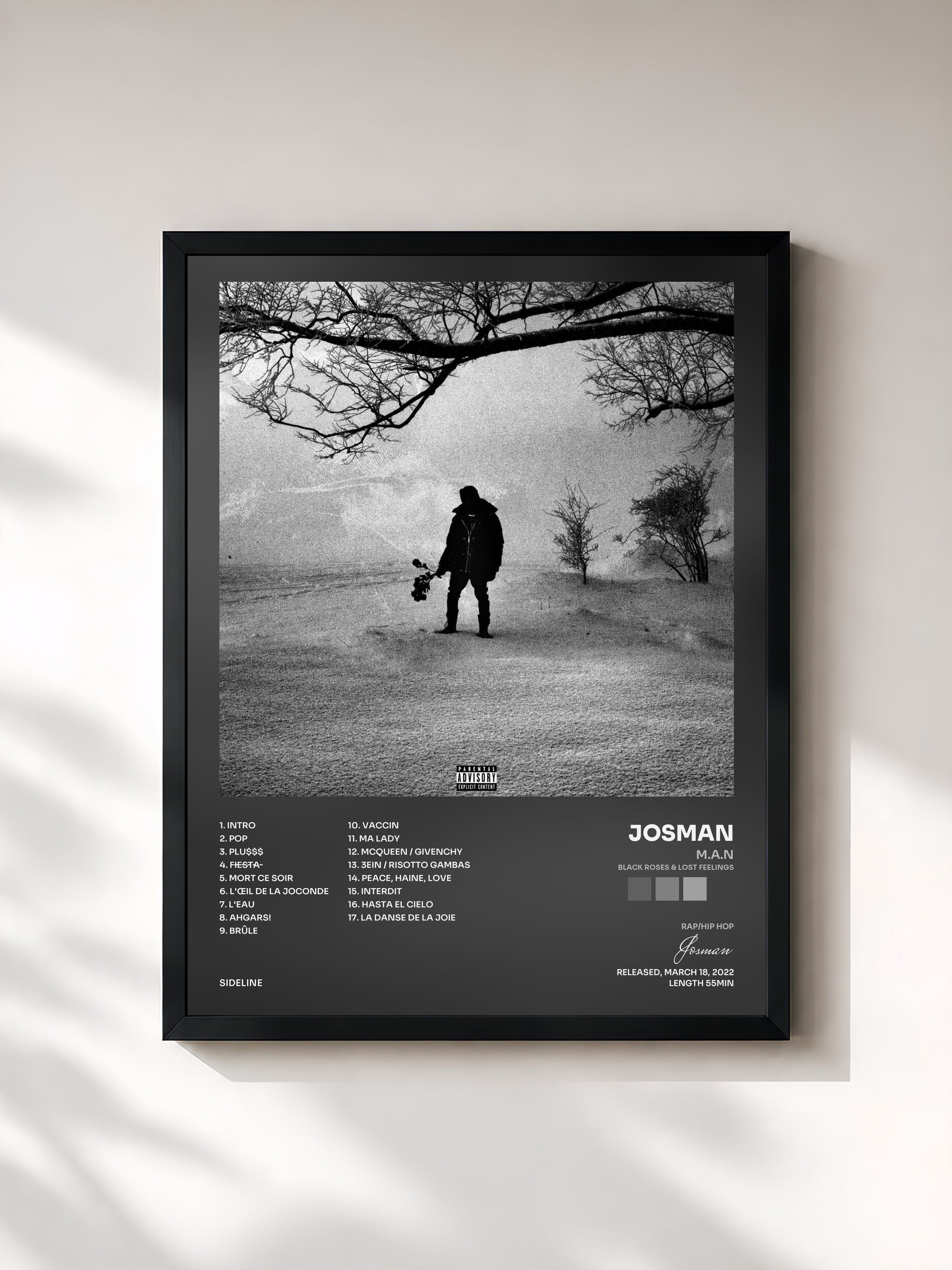 #noir M.A.N (Black Roses & Lost Feelings) by Josman as a framed art print, black frame, printed and framed in France