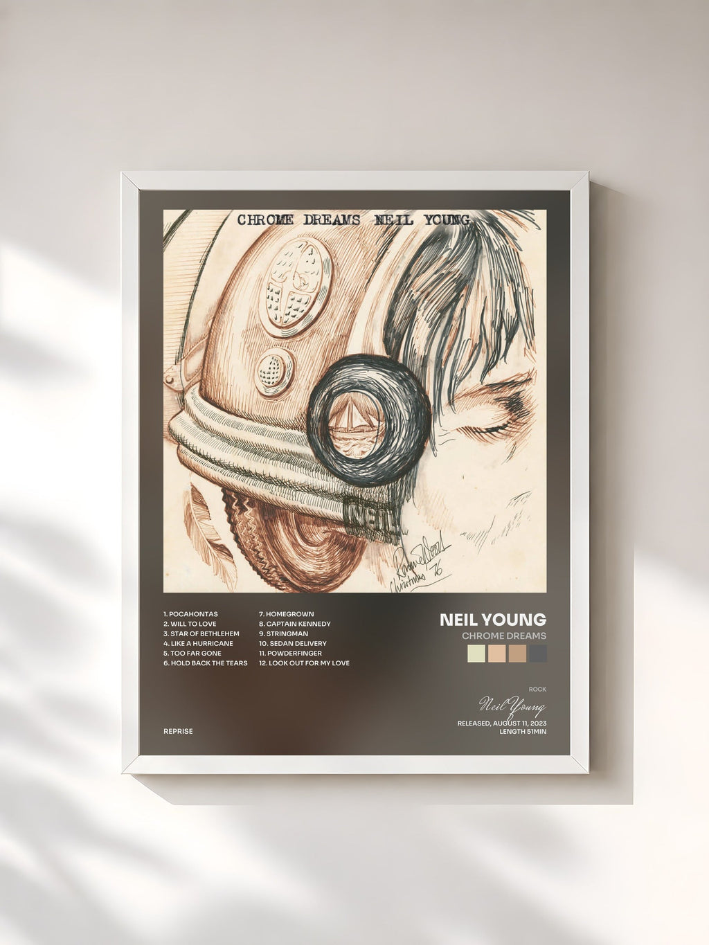 #blanc Tableau de l'album Chrome Dreams de Neil Young, cadre blanc, imprimé et encadré en France