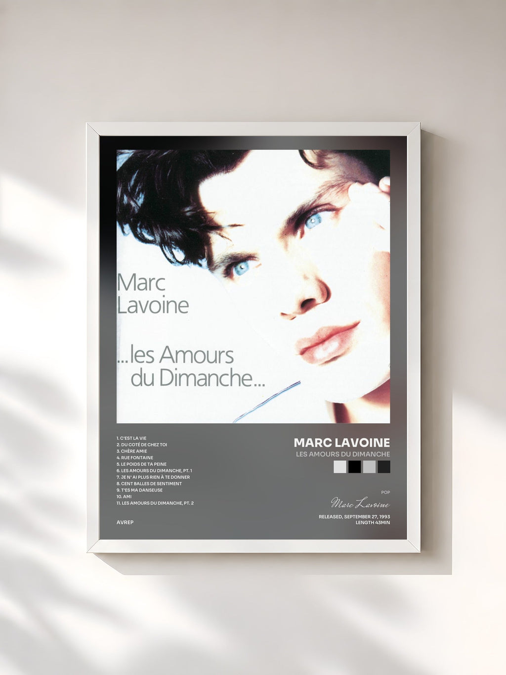 #blanc Tableau de l'album Les amours du dimanche de Marc Lavoine, cadre blanc, imprimé et encadré en France