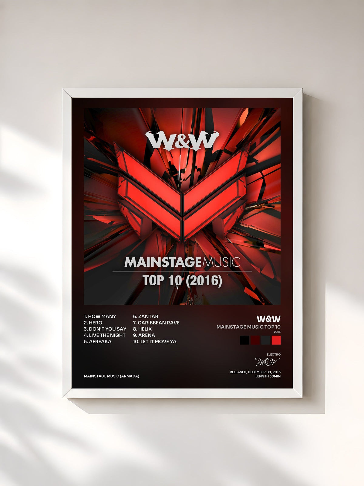 #blanc Tableau de l'album Mainstage Music Top 10 (2016) de W&W, cadre blanc, imprimé et encadré en France