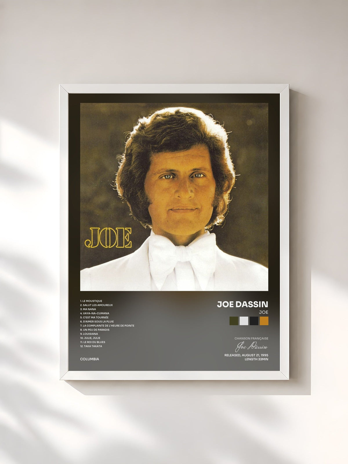 #blanc Joe by Joe Dassin as a framed art print, white frame, printed and framed in France