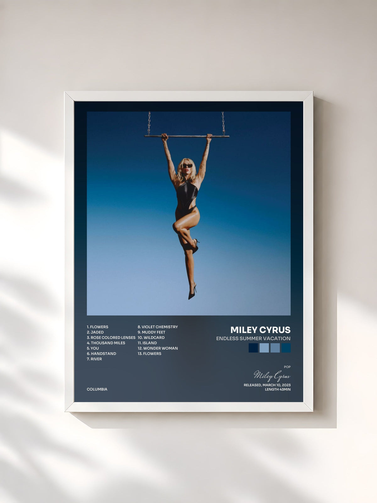 #blanc Tableau de l'album Endless Summer Vacation de Miley Cyrus, cadre blanc, imprimé et encadré en France