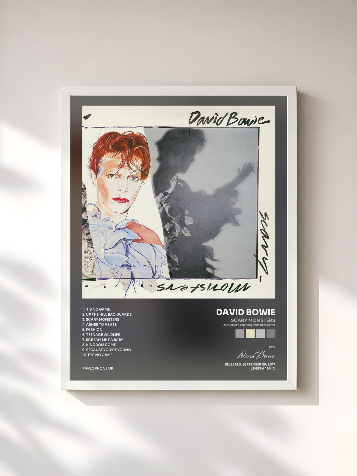 #blanc Tableau de l'album Scary Monsters (And Super Creeps) (2017 Remaster) de David Bowie, cadre blanc, imprimé et encadré en France