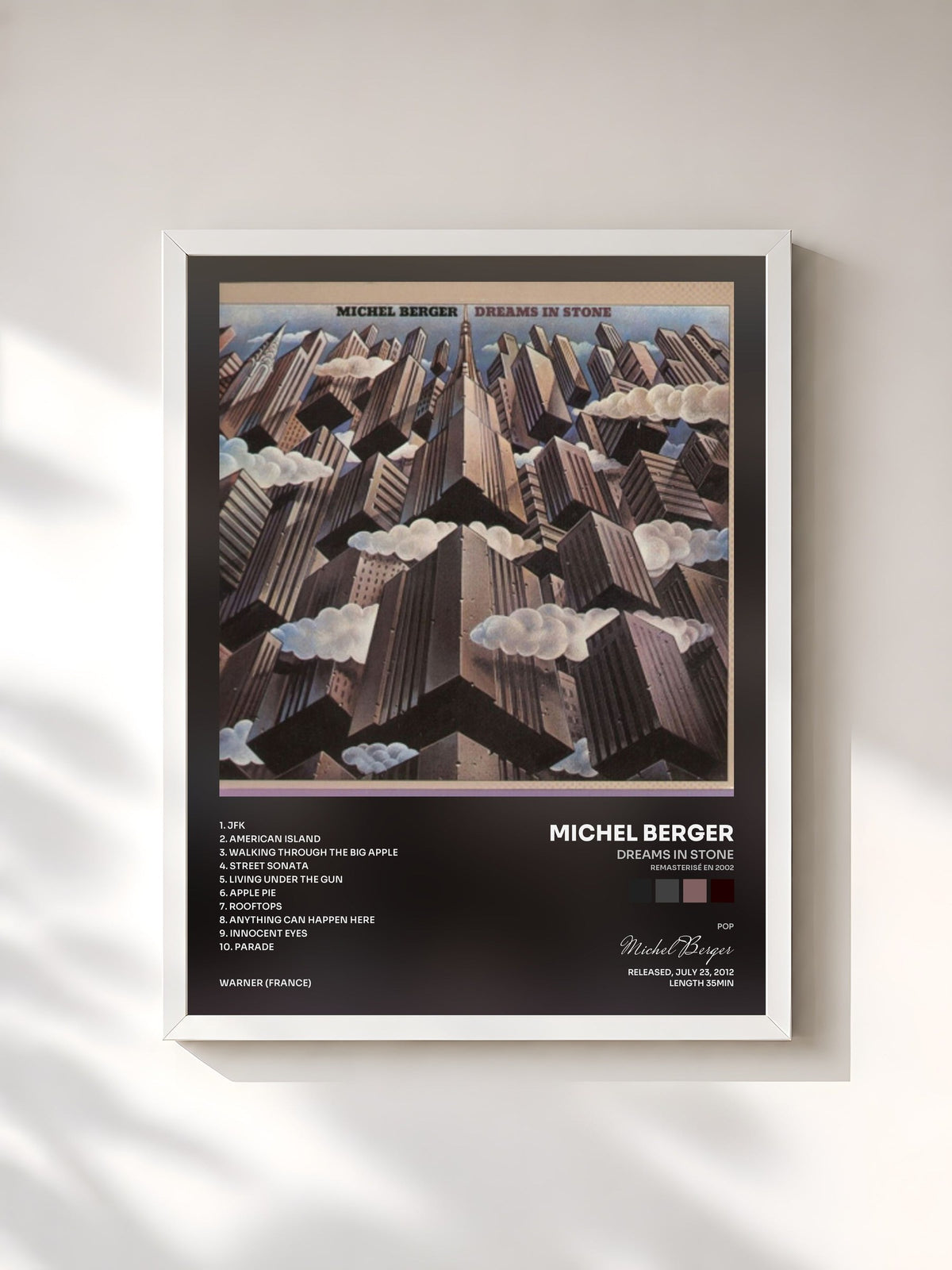 #blanc Tableau de l'album Dreams in Stone (Remasterisé en 2002) de Michel Berger, cadre blanc, imprimé et encadré en France