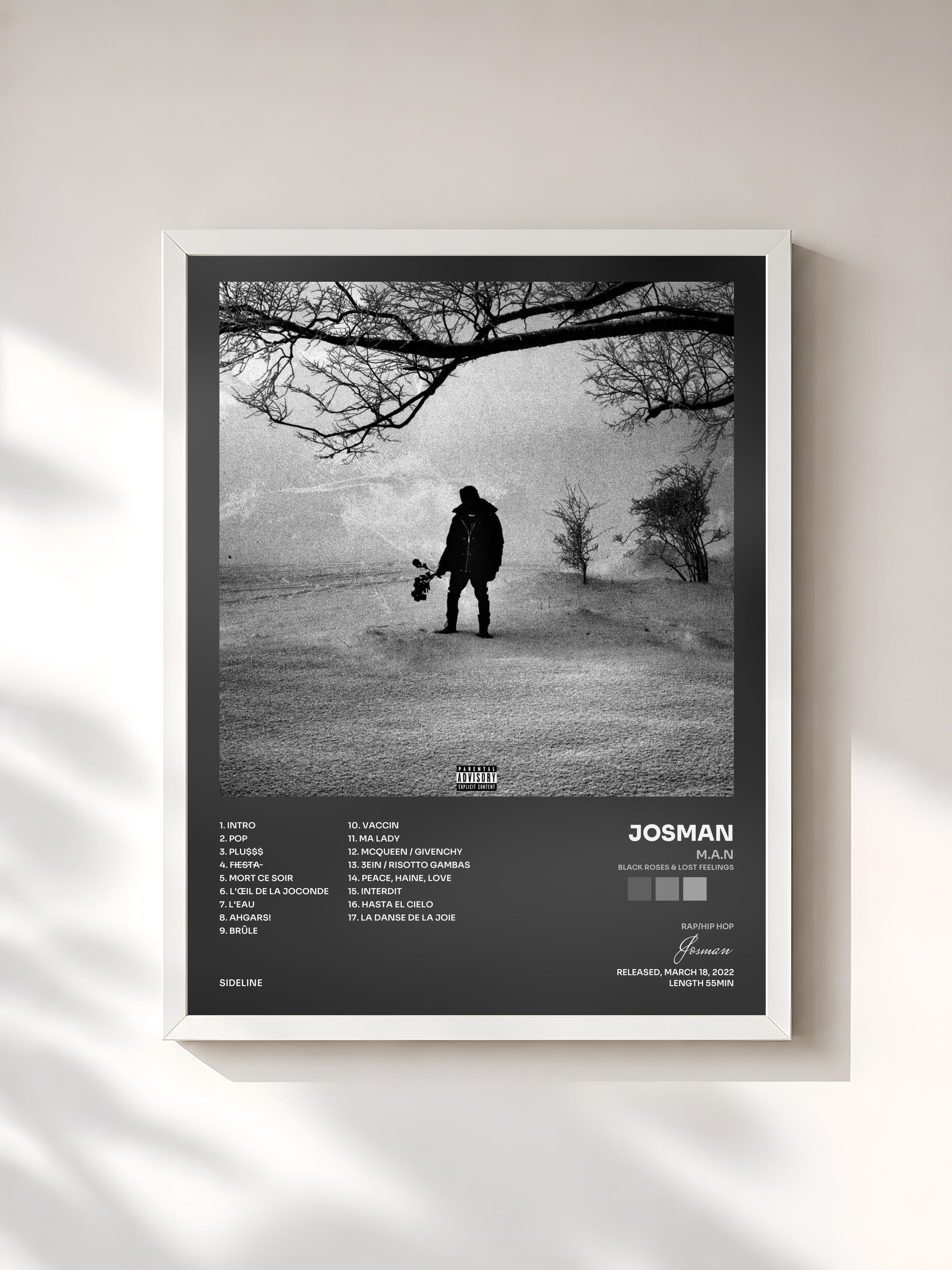 #blanc M.A.N (Black Roses & Lost Feelings) by Josman as a framed art print, white frame, printed and framed in France