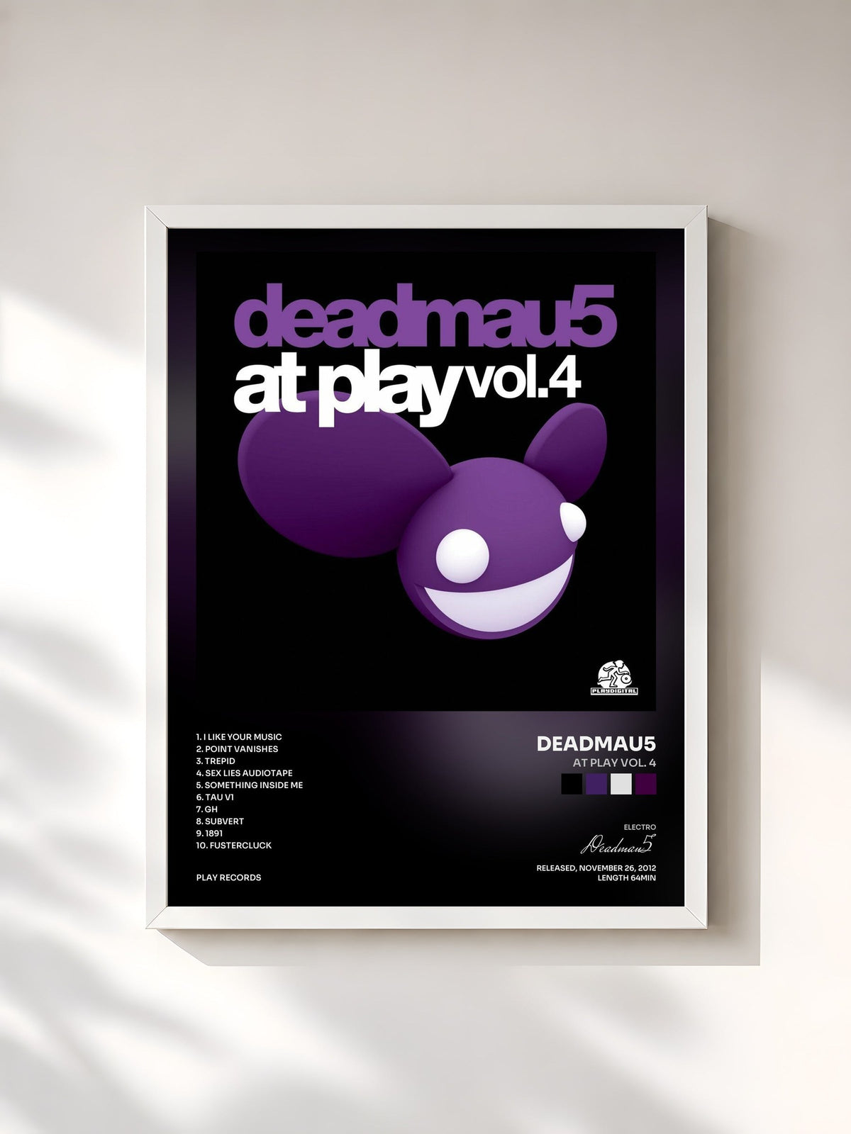 #blanc Tableau de l'album At Play Vol. 4 de Deadmau5, cadre blanc, imprimé et encadré en France