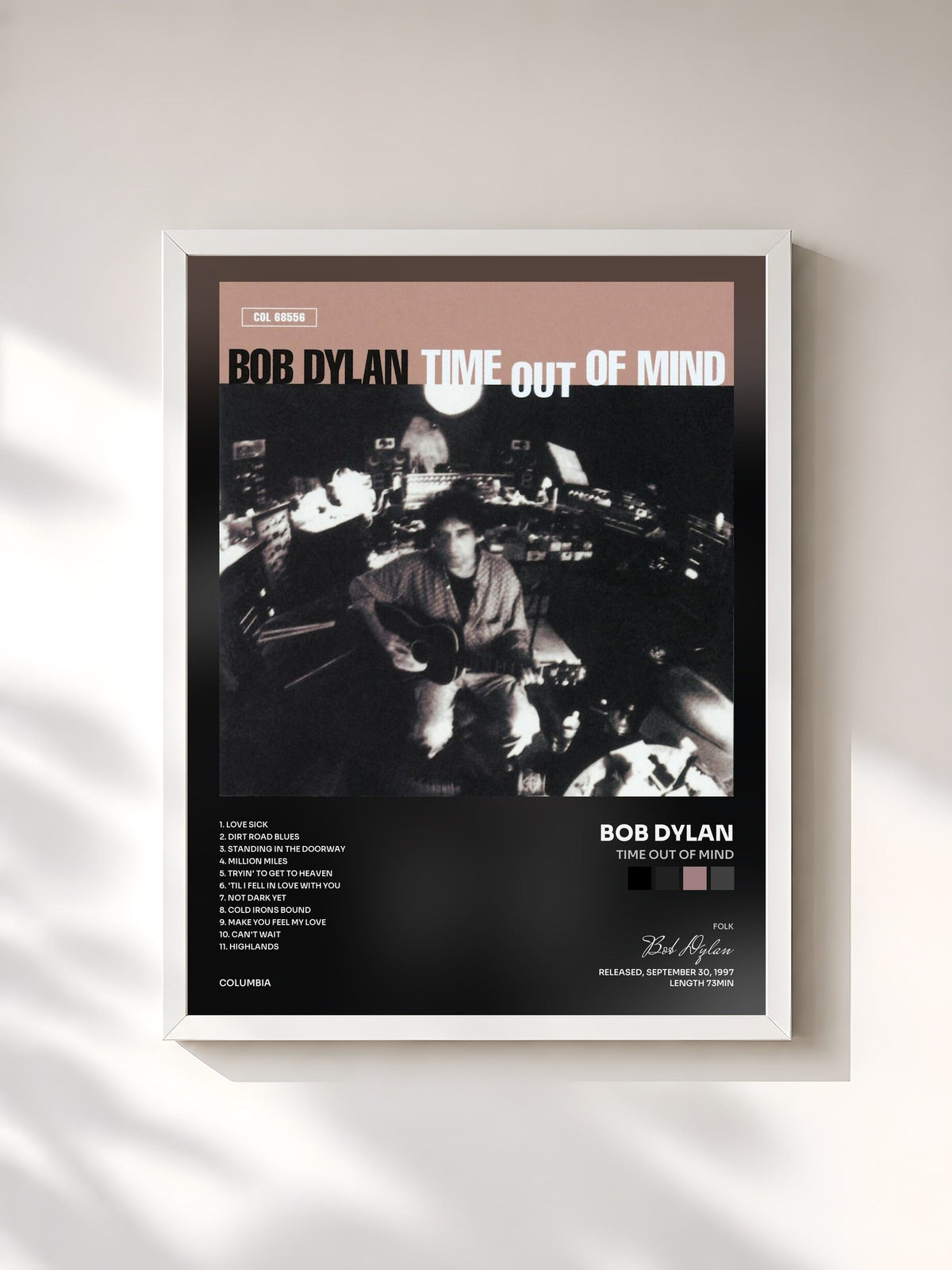 #blanc Tableau de l'album Time Out Of Mind de Bob Dylan, cadre blanc, imprimé et encadré en France