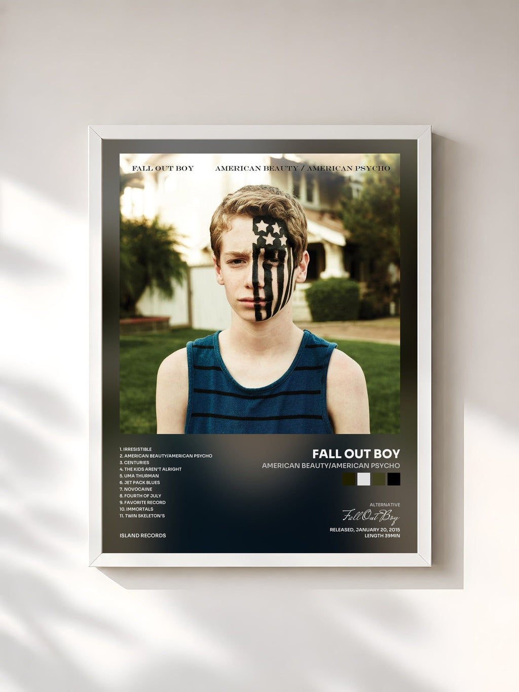 #blanc Tableau de l'album American Beauty/American Psycho de Fall Out Boy, cadre blanc, imprimé et encadré en France