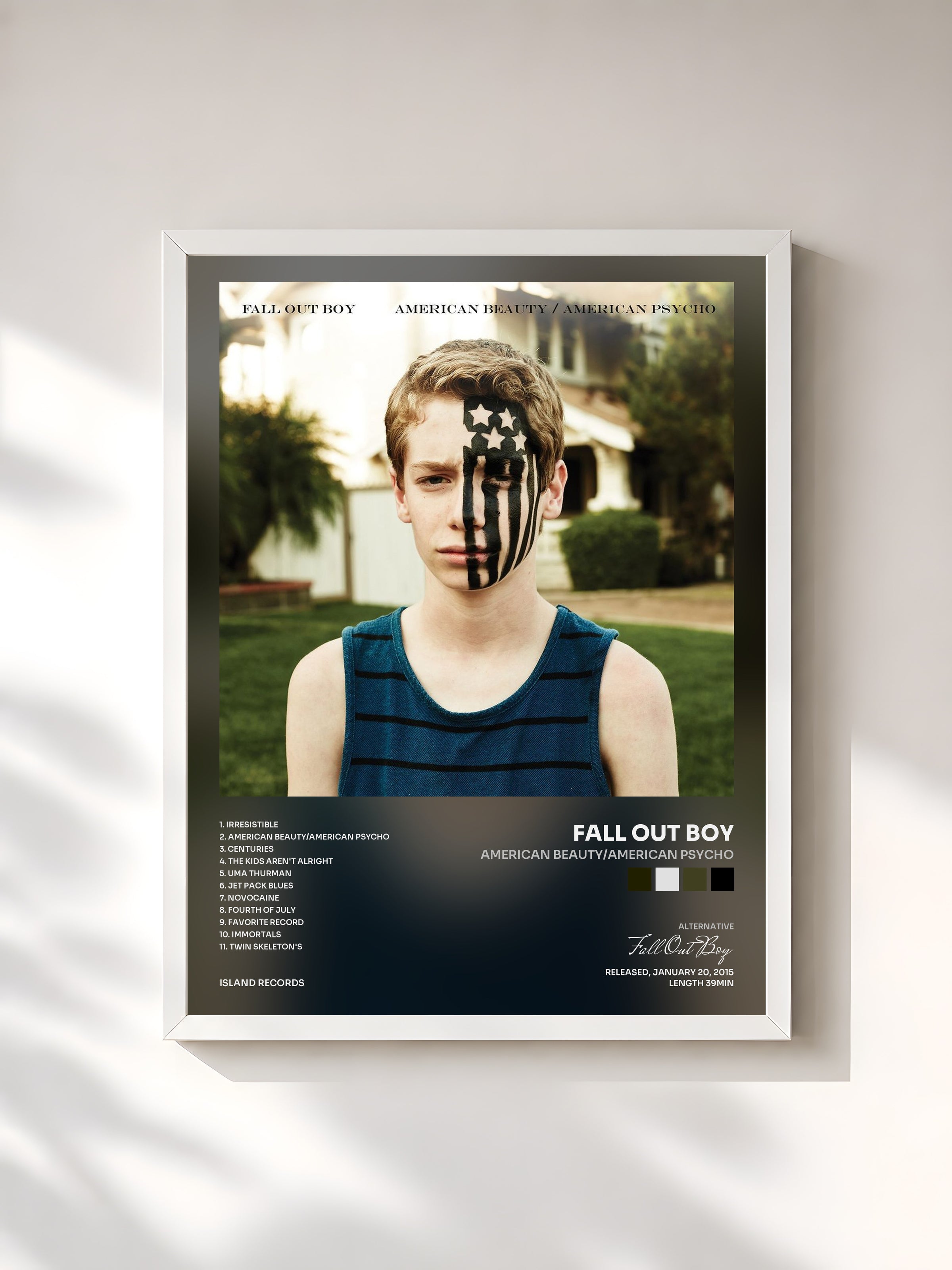 #blanc Tableau de l'album American Beauty/American Psycho de Fall Out Boy, cadre blanc, imprimé et encadré en France
