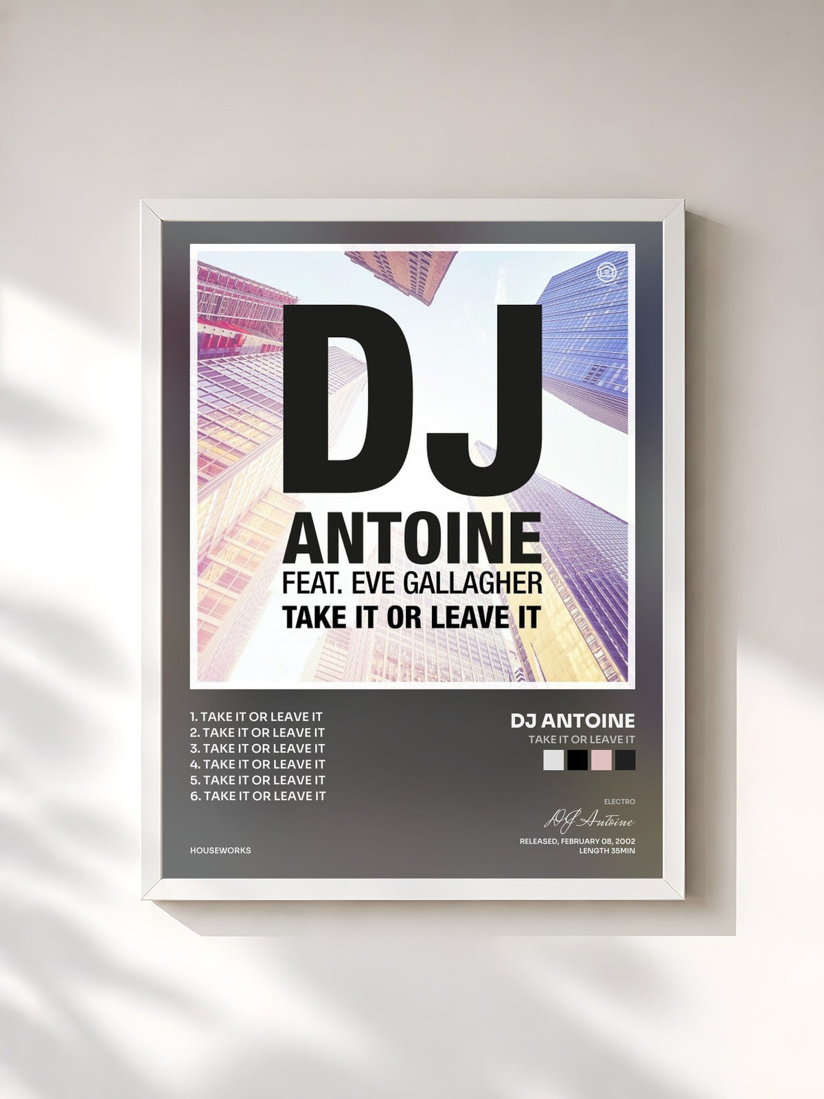 #blanc Tableau de l'album Take It or Leave It de DJ Antoine, cadre blanc, imprimé et encadré en France
