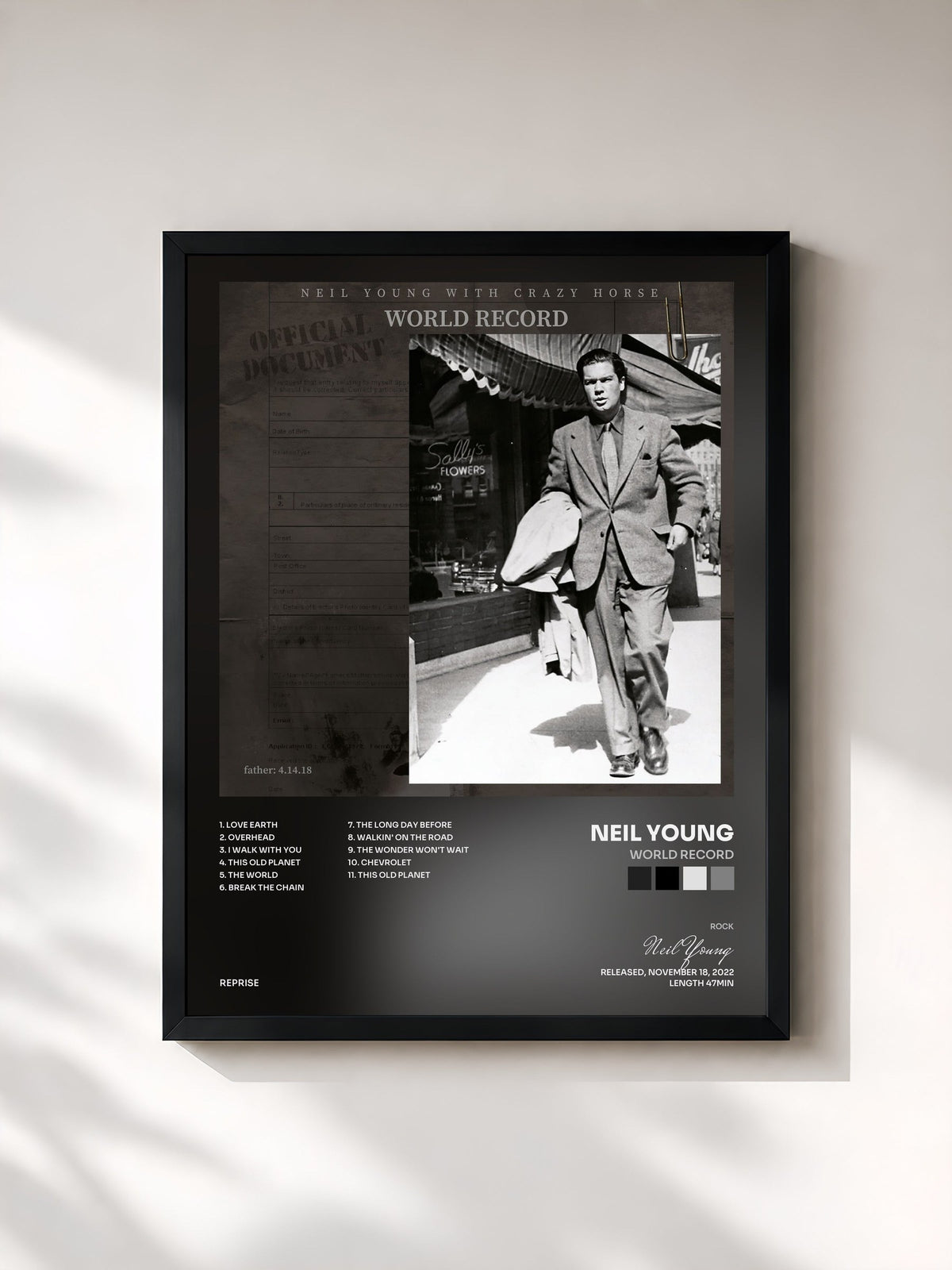 #noir Tableau de l'album World Record de Neil Young, cadre noir, imprimé et encadré en France
