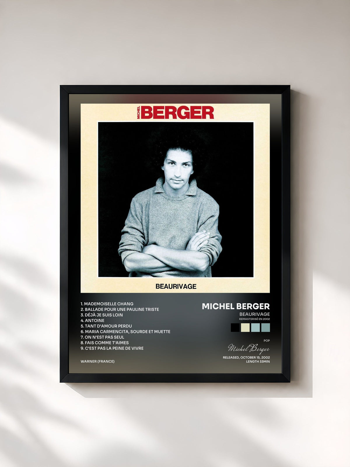 #noir Tableau de l'album Beaurivage (Remasterisé en 2002) de Michel Berger, cadre noir, imprimé et encadré en France