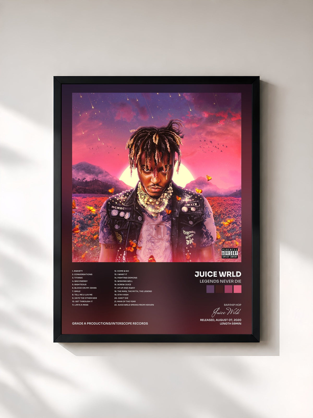 #noir Tableau de l'album Legends Never Die de Juice Wrld, cadre noir, imprimé et encadré en France