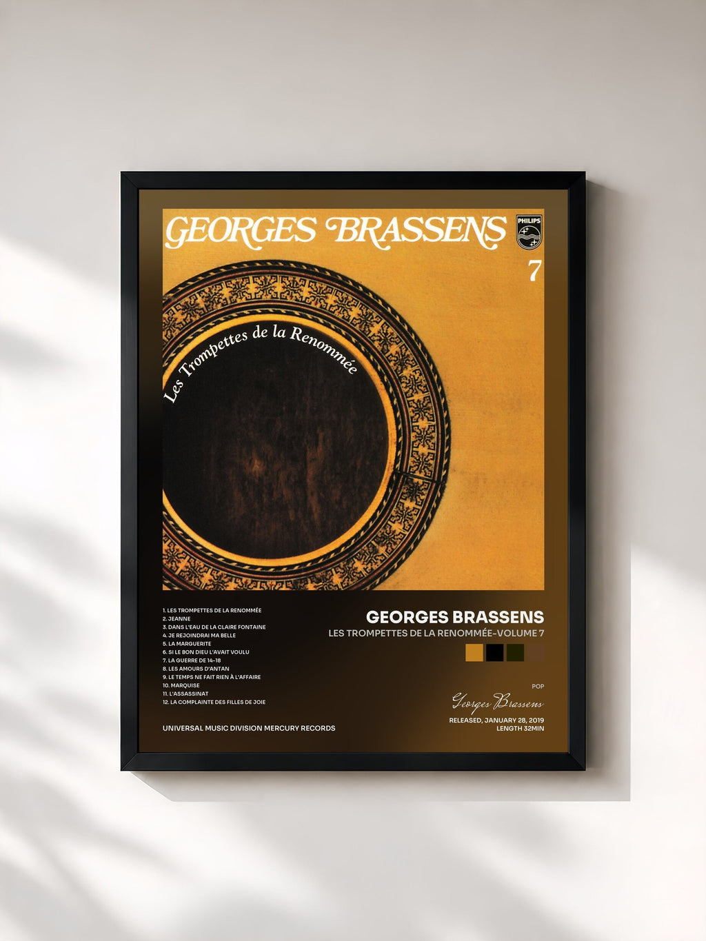 #noir Tableau de l'album Les Trompettes De La Renommée-Volume 7 de Georges Brassens, cadre noir, imprimé et encadré en France