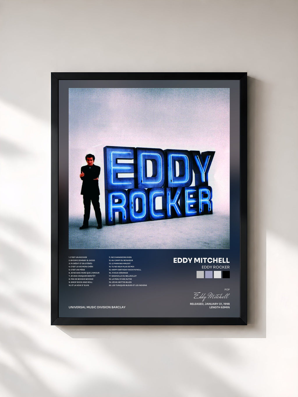 #noir Tableau de l'album Eddy Rocker de Eddy Mitchell, cadre noir, imprimé et encadré en France