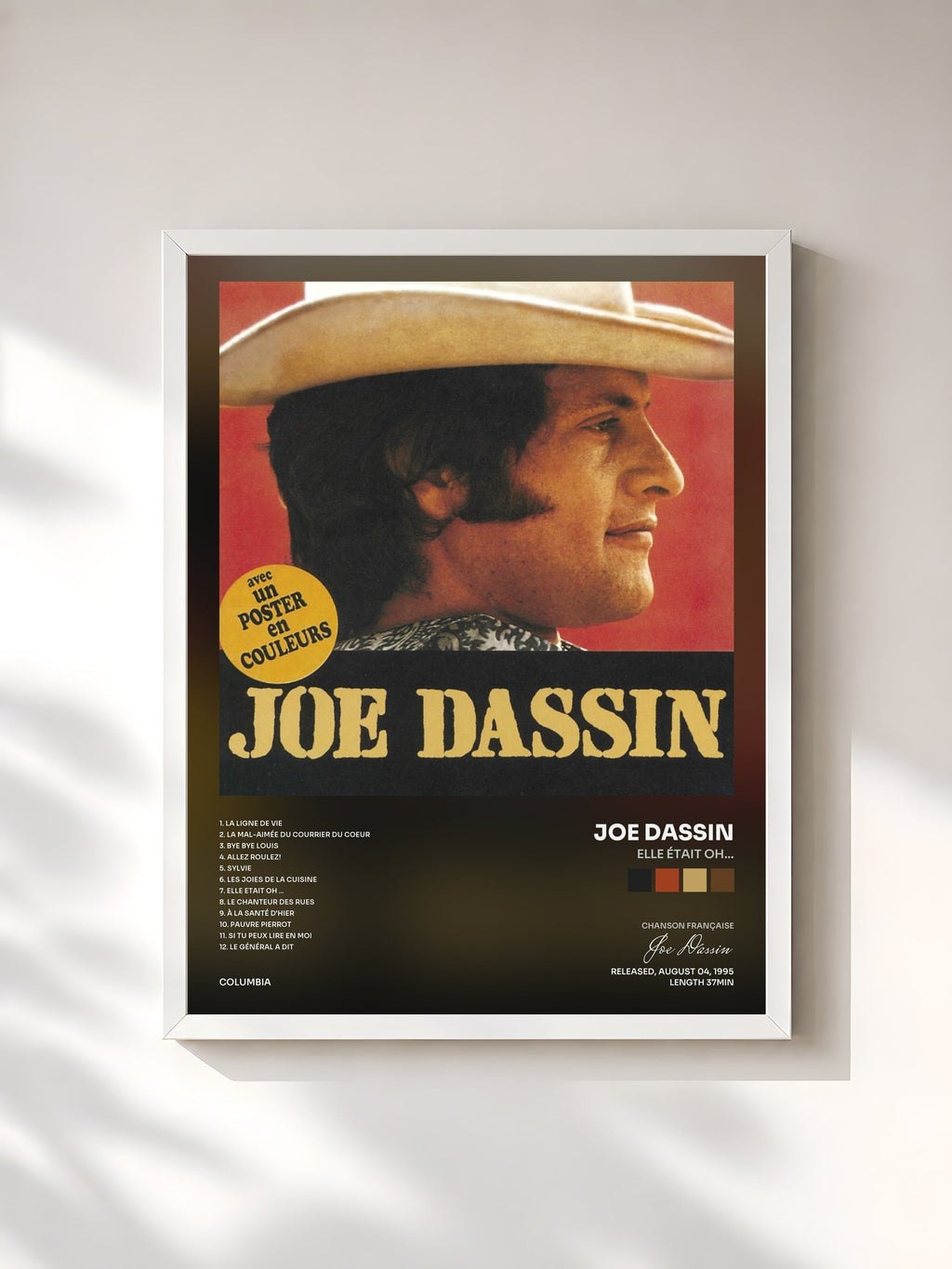 #blanc Tableau de l'album Elle Était Oh... de Joe Dassin, cadre blanc, imprimé et encadré en France