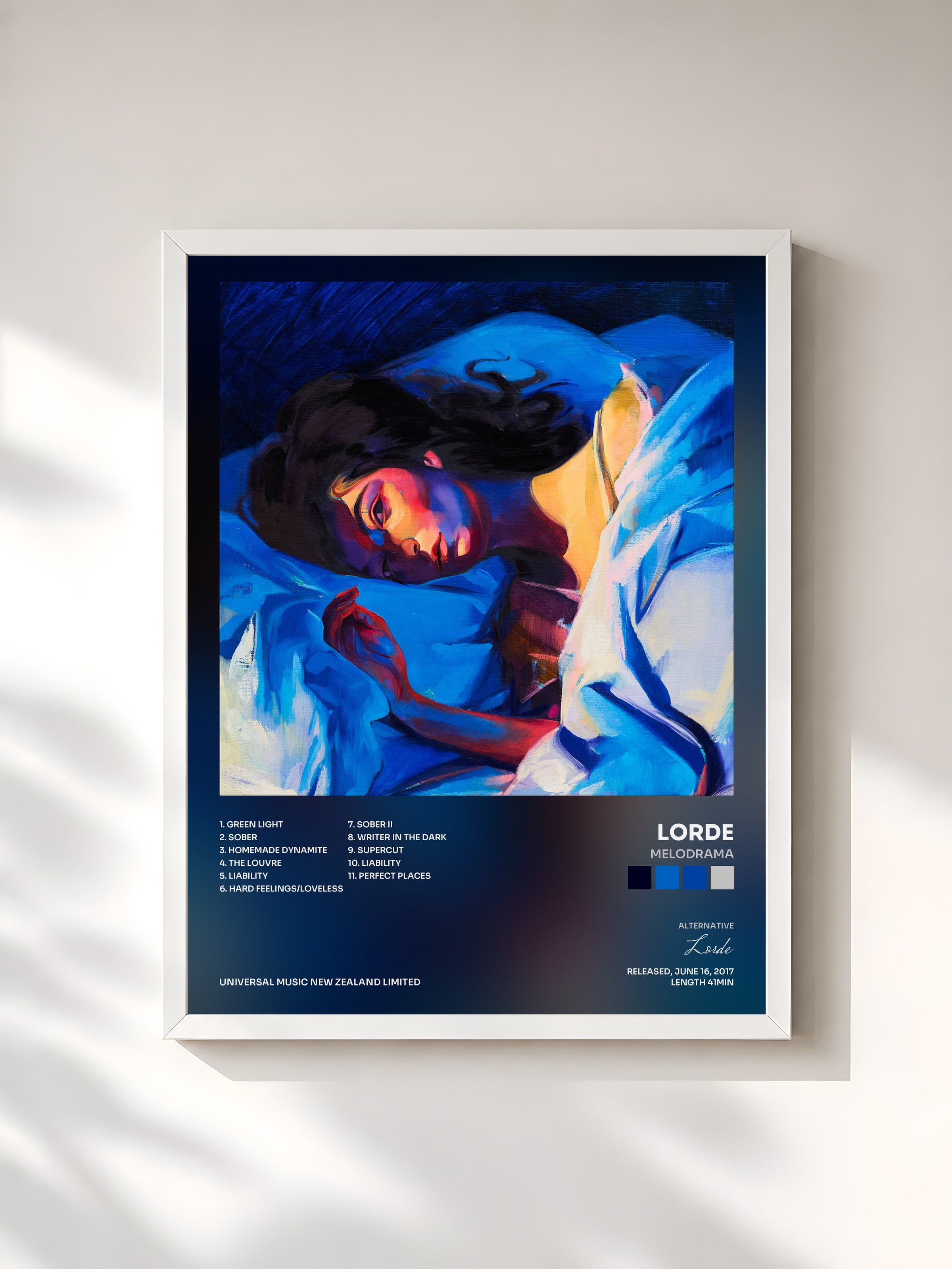 #blanc Tableau de l'album Melodrama de Lorde, cadre blanc, imprimé et encadré en France