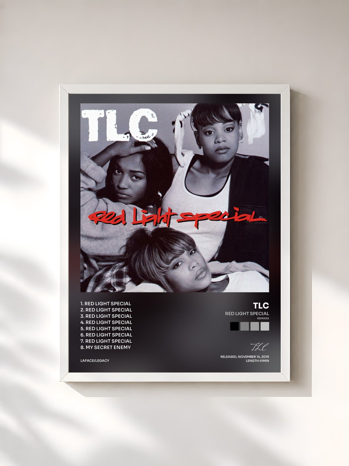 #blanc Tableau de l'album Red Light Special (Remixes) de TLC, cadre blanc, imprimé et encadré en France
