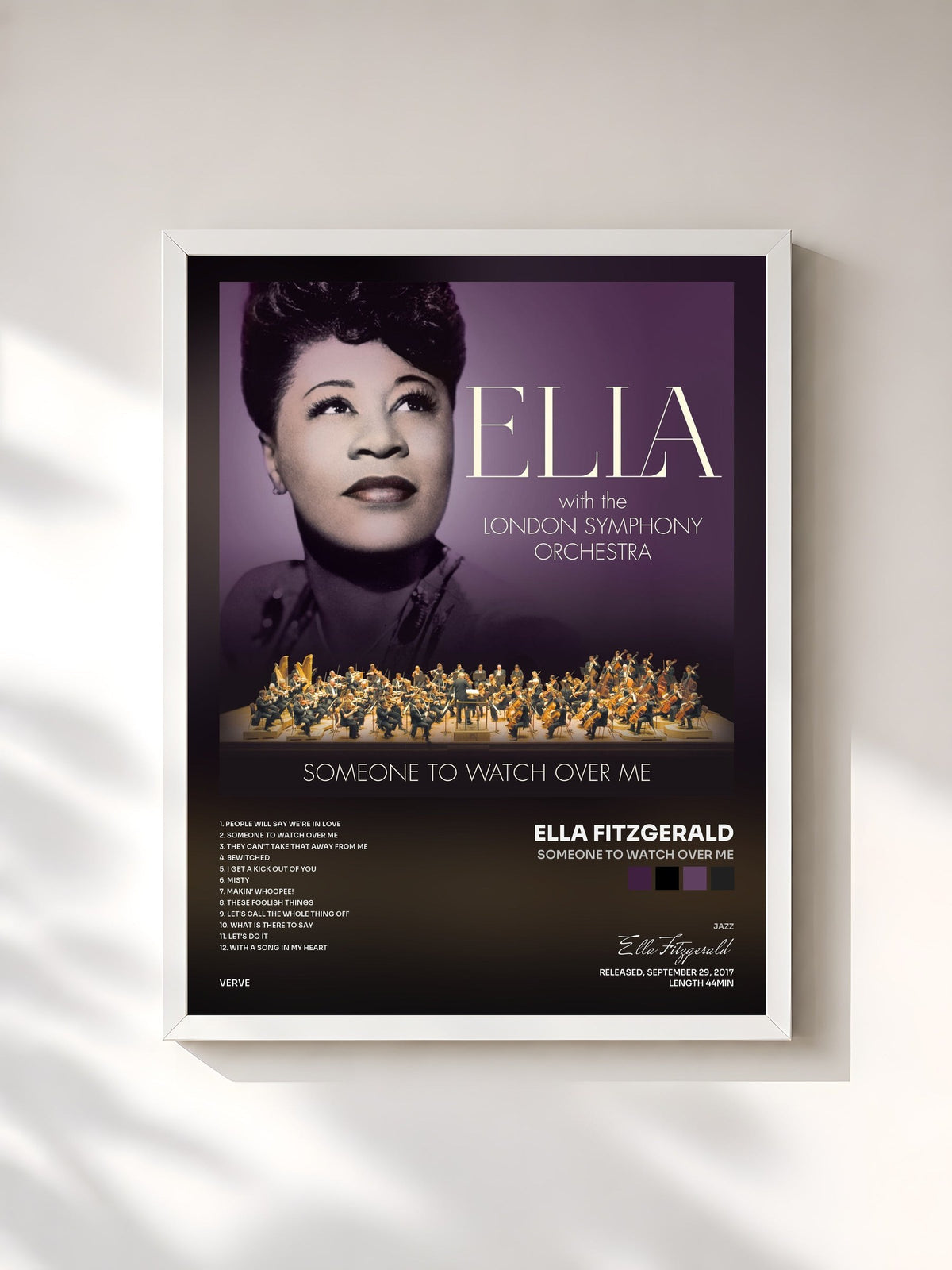 #blanc Tableau de l'album Someone To Watch Over Me de Ella Fitzgerald, cadre blanc, imprimé et encadré en France