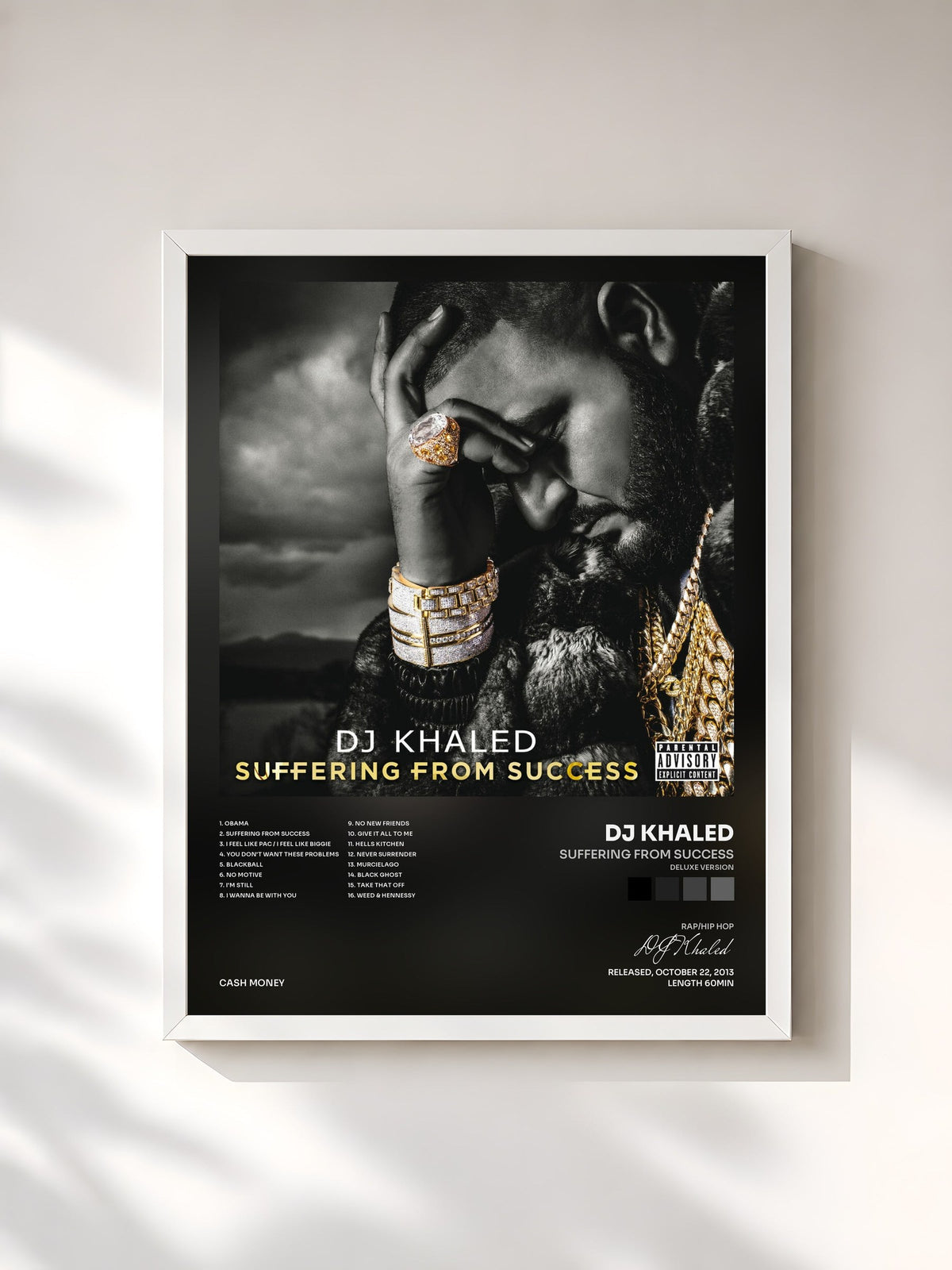 #blanc Tableau de l'album Suffering From Success (Deluxe Version) de DJ Khaled, cadre blanc, imprimé et encadré en France