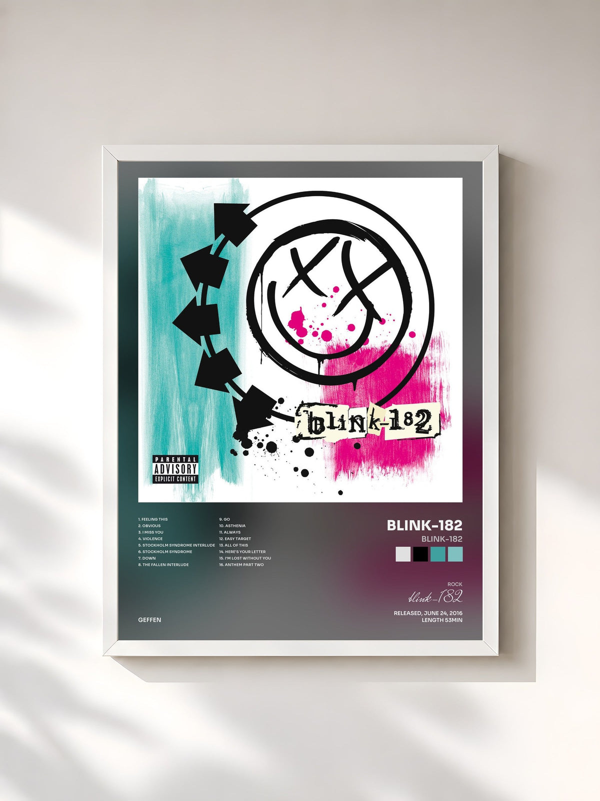 #blanc Tableau de l'album blink-182 de blink-182, cadre blanc, imprimé et encadré en France
