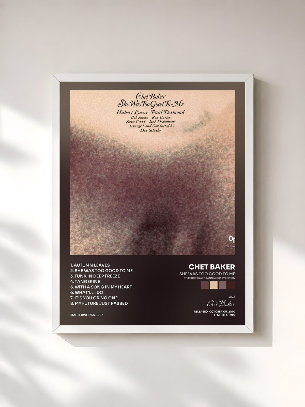 #blanc Tableau de l'album She Was Too Good To Me (CTI Records 40th Anniversary Edition) de Chet Baker, cadre blanc, imprimé et encadré en France
