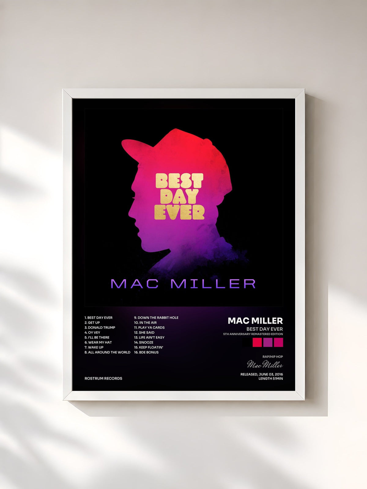#blanc Best Day Ever (5th Anniversary Remastered Edition) by Mac Miller as a framed art print, white frame, printed and framed in France