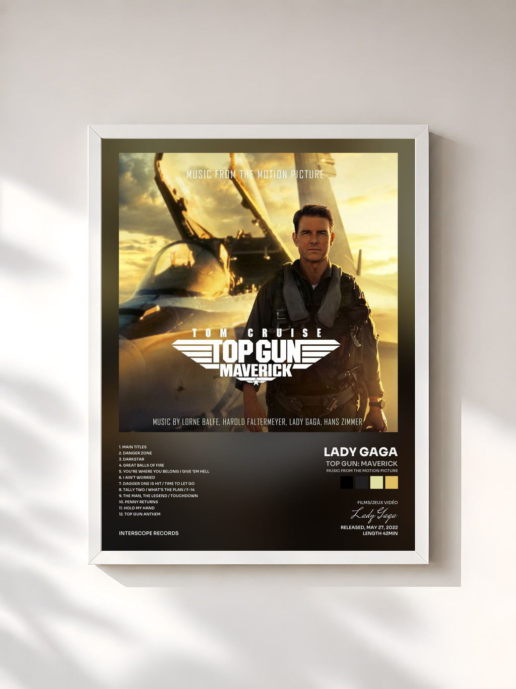 #blanc Tableau de l'album Top Gun: Maverick (Music From The Motion Picture) de Lady Gaga, cadre blanc, imprimé et encadré en France