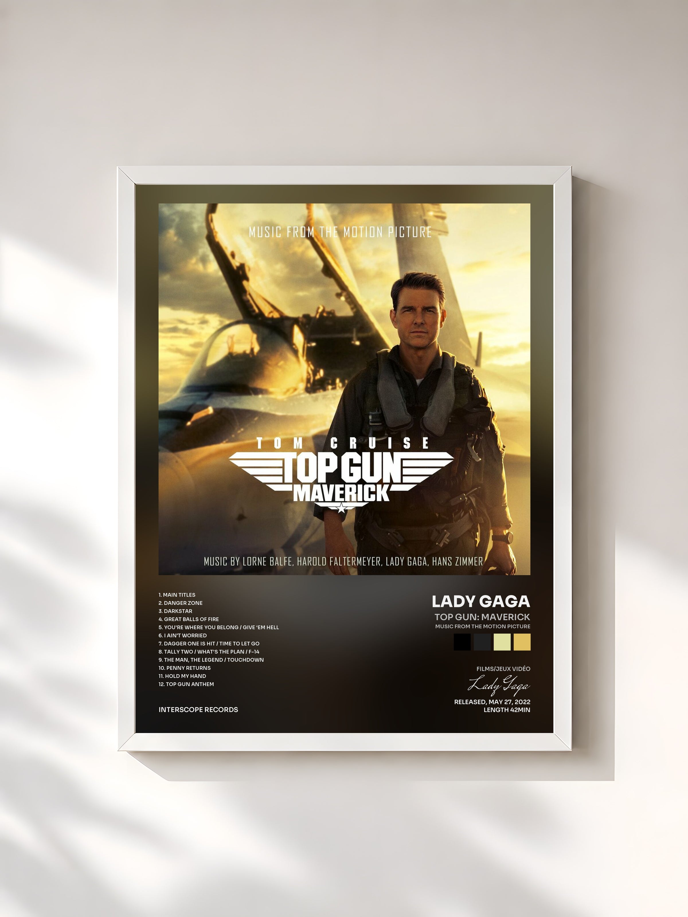 #blanc Top Gun: Maverick (Music From The Motion Picture) by Lady Gaga as a framed art print, white frame, printed and framed in France