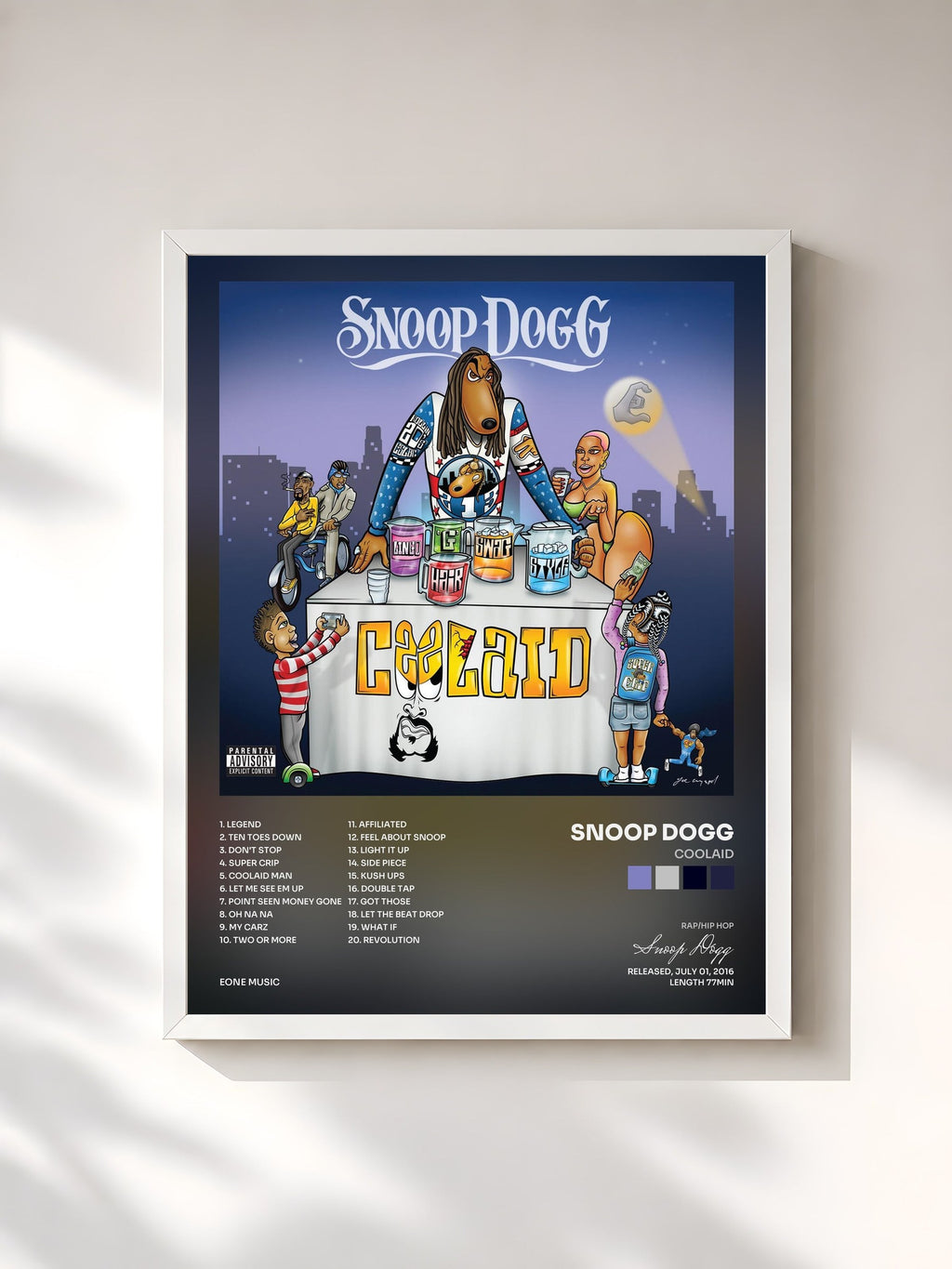 #blanc Tableau de l'album COOLAID de Snoop Dogg, cadre blanc, imprimé et encadré en France
