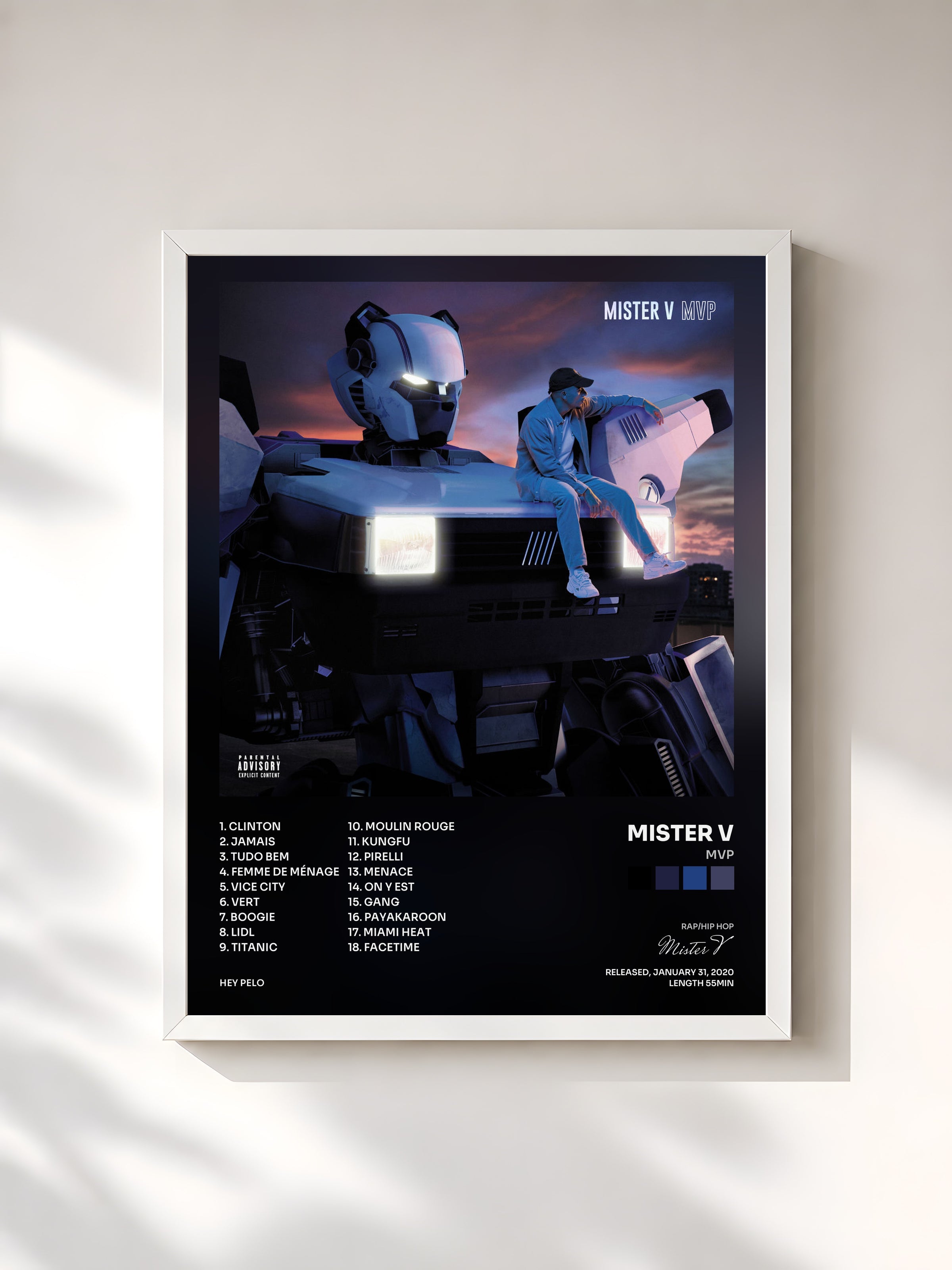 #blanc Tableau de l'album MVP de Mister V, cadre blanc, imprimé et encadré en France