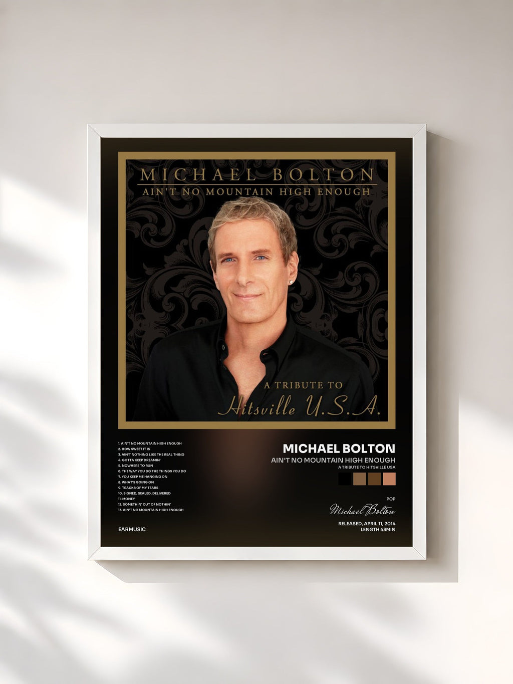 #blanc Ain't No Mountain High Enough (A Tribute to Hitsville USA) by Michael Bolton as a framed art print, white frame, printed and framed in France
