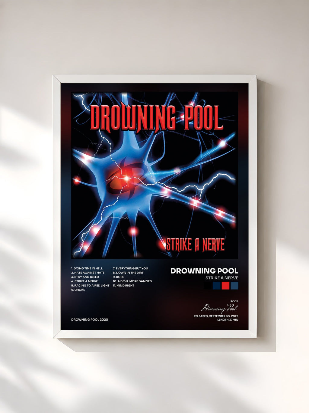 #blanc Tableau de l'album Strike A Nerve de Drowning Pool, cadre blanc, imprimé et encadré en France