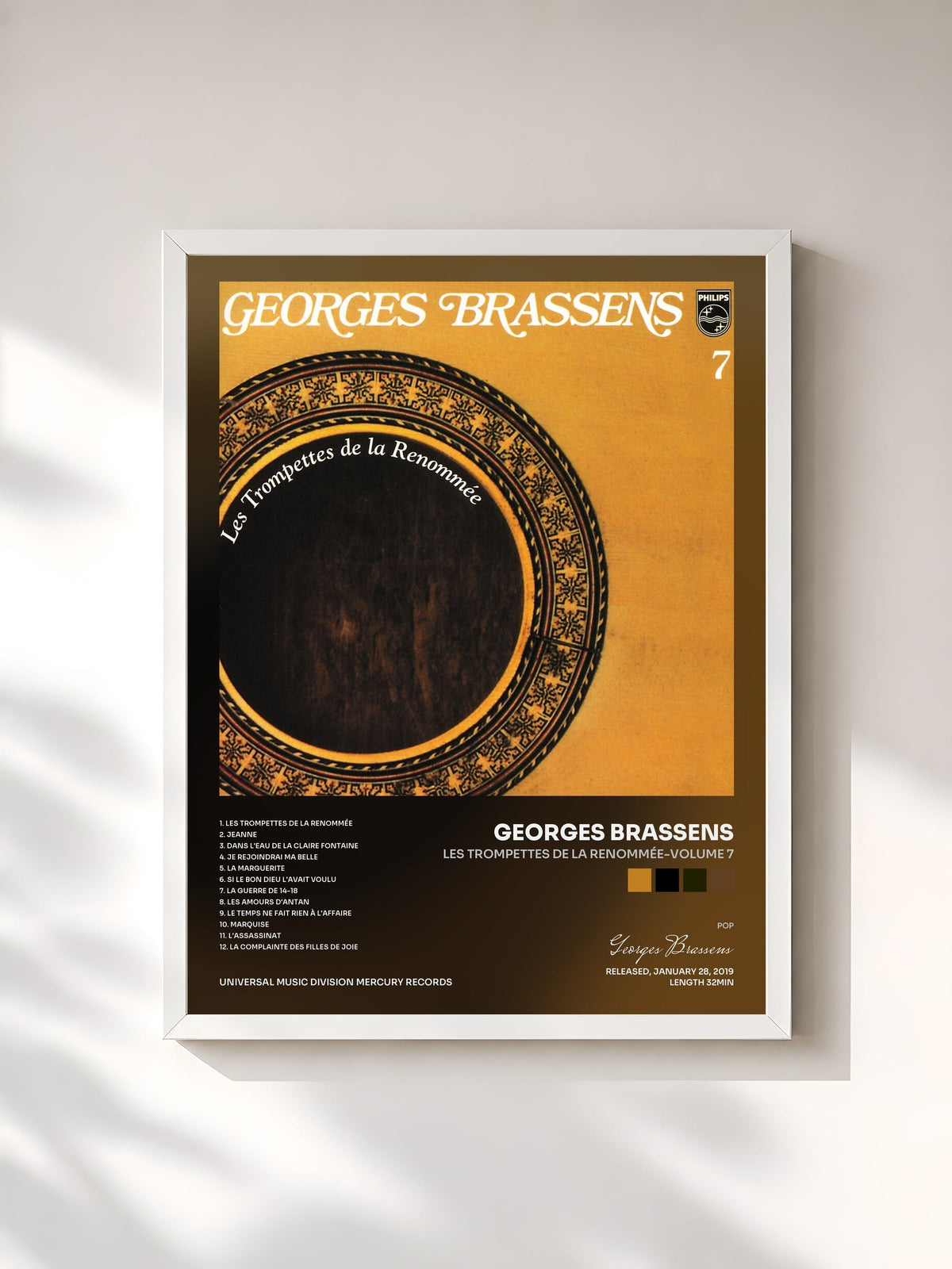 #blanc Tableau de l'album Les Trompettes De La Renommée-Volume 7 de Georges Brassens, cadre blanc, imprimé et encadré en France
