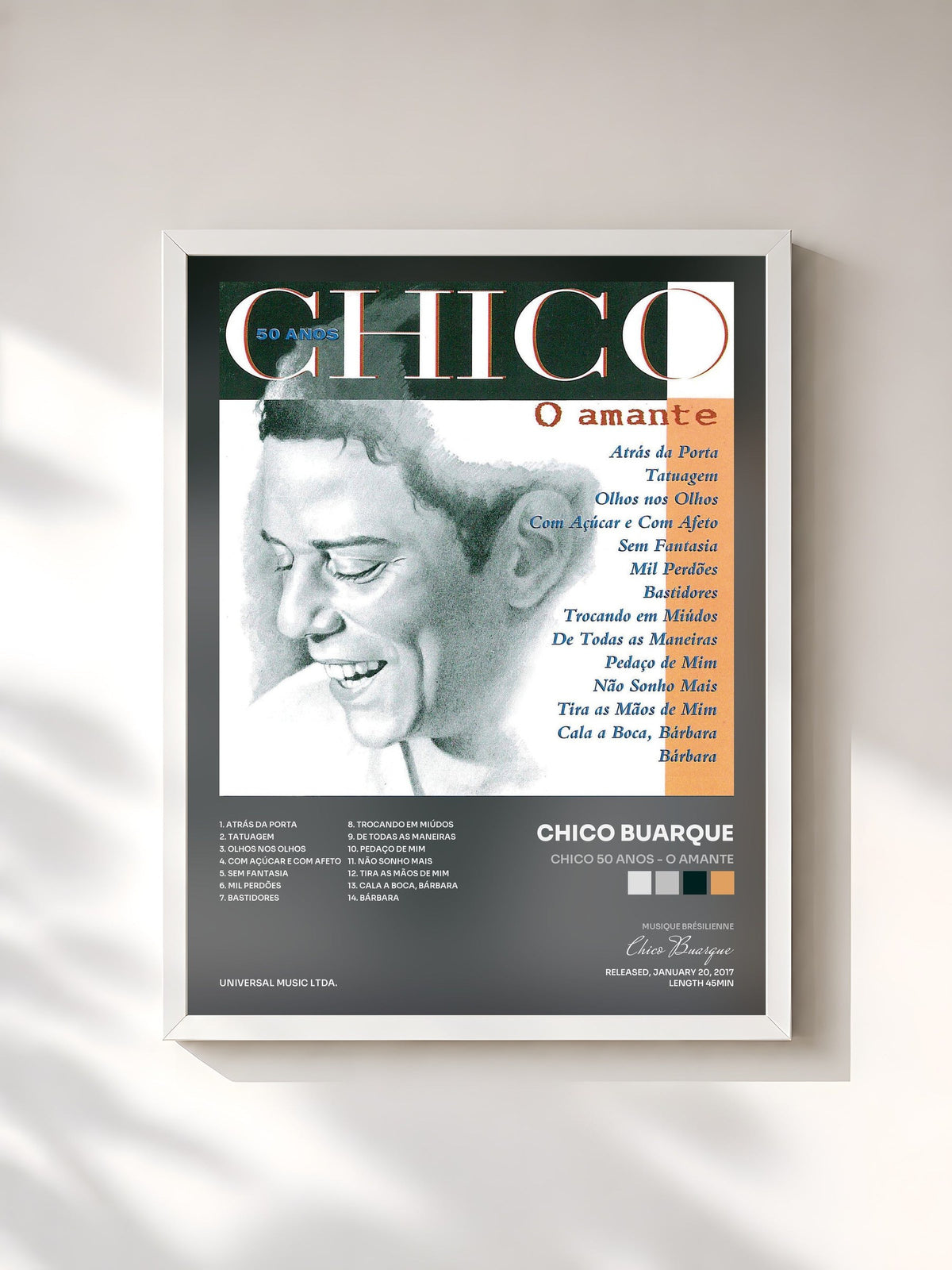#blanc Tableau de l'album Chico 50 Anos - O Amante de Chico Buarque, cadre blanc, imprimé et encadré en France