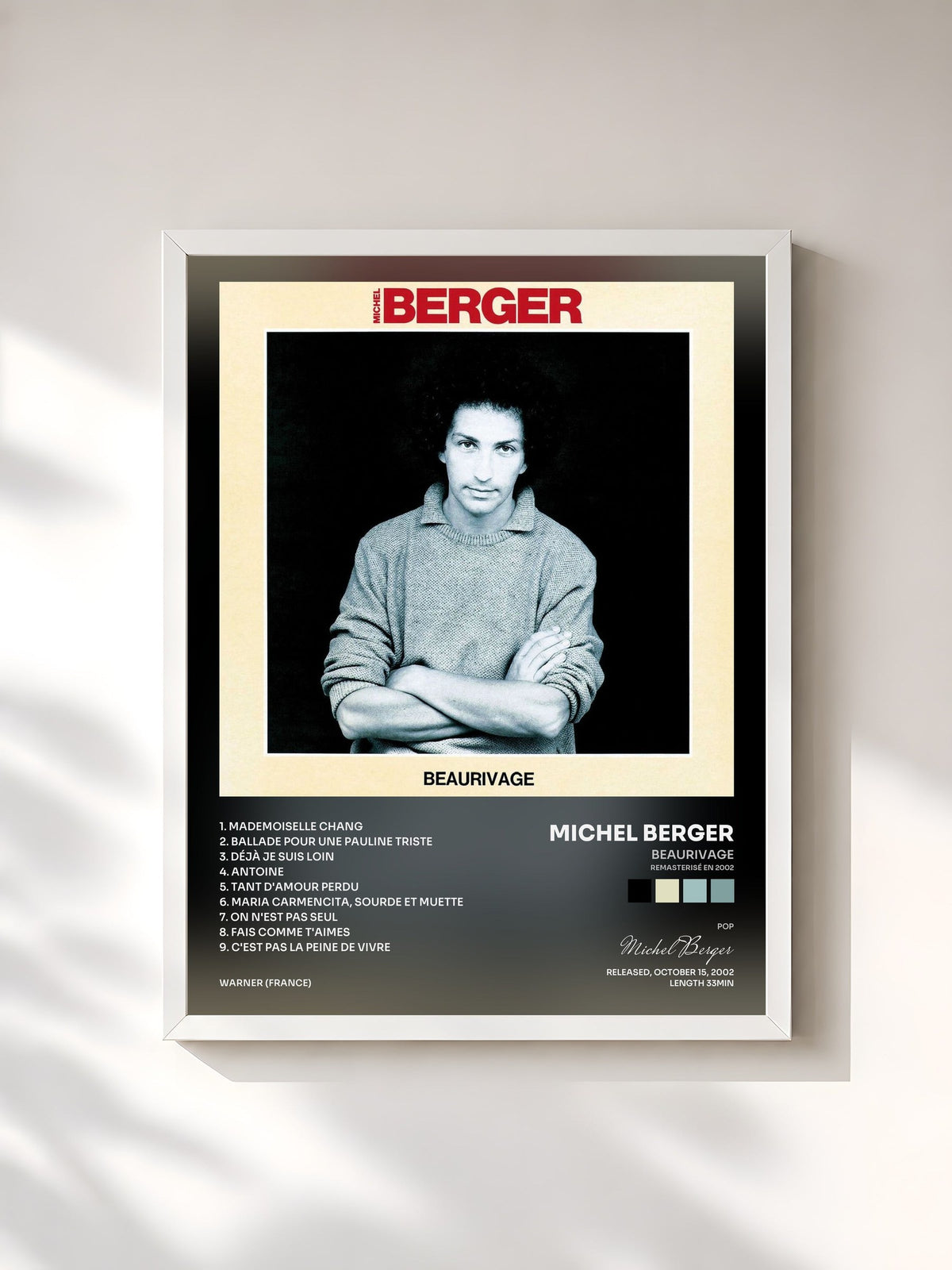 #blanc Tableau de l'album Beaurivage (Remasterisé en 2002) de Michel Berger, cadre blanc, imprimé et encadré en France